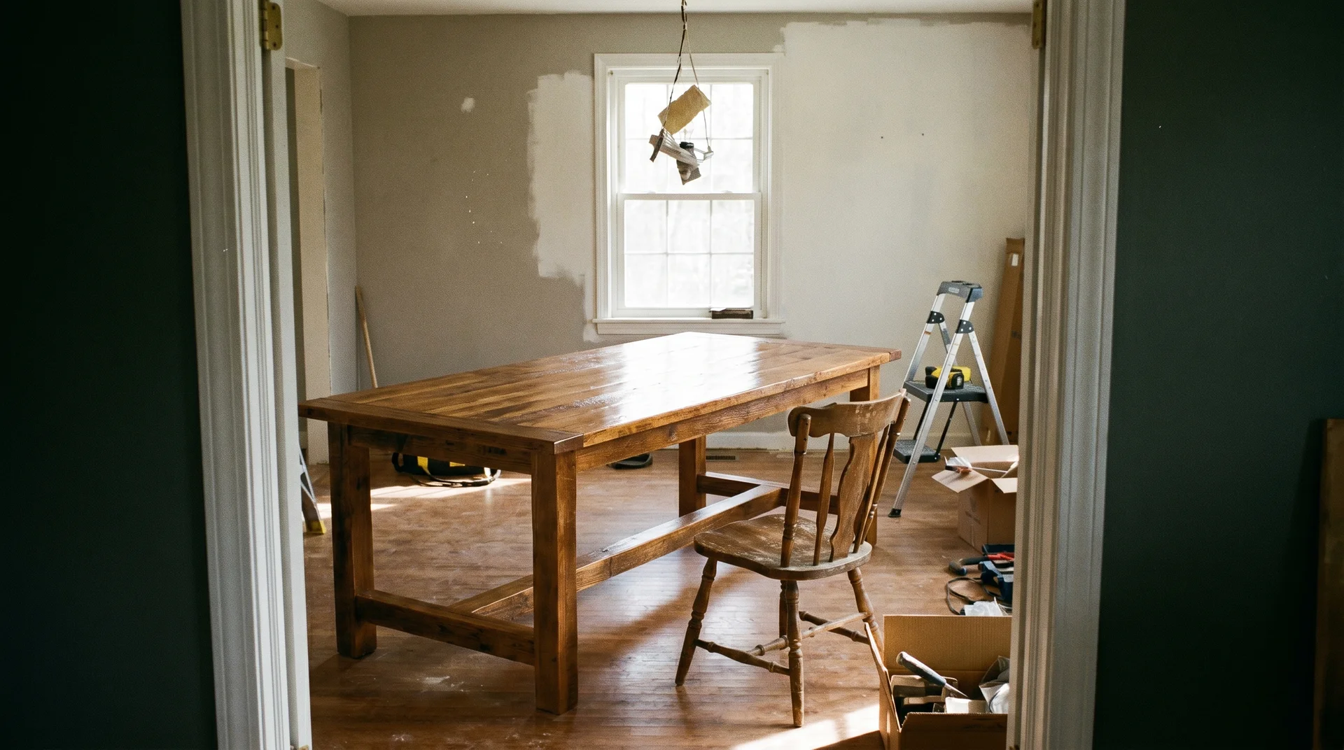 Farmhouse dining table viewed from room entrance, showing how the table reads as the dominant visual in the space