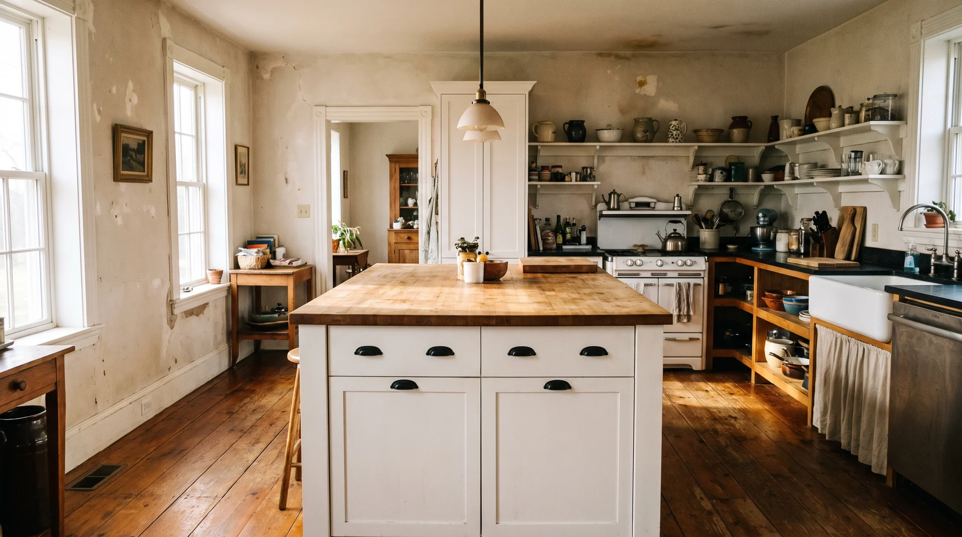 Farmhouse kitchen with white shaker island, butcher block countertop, and black iron hardware in natural light