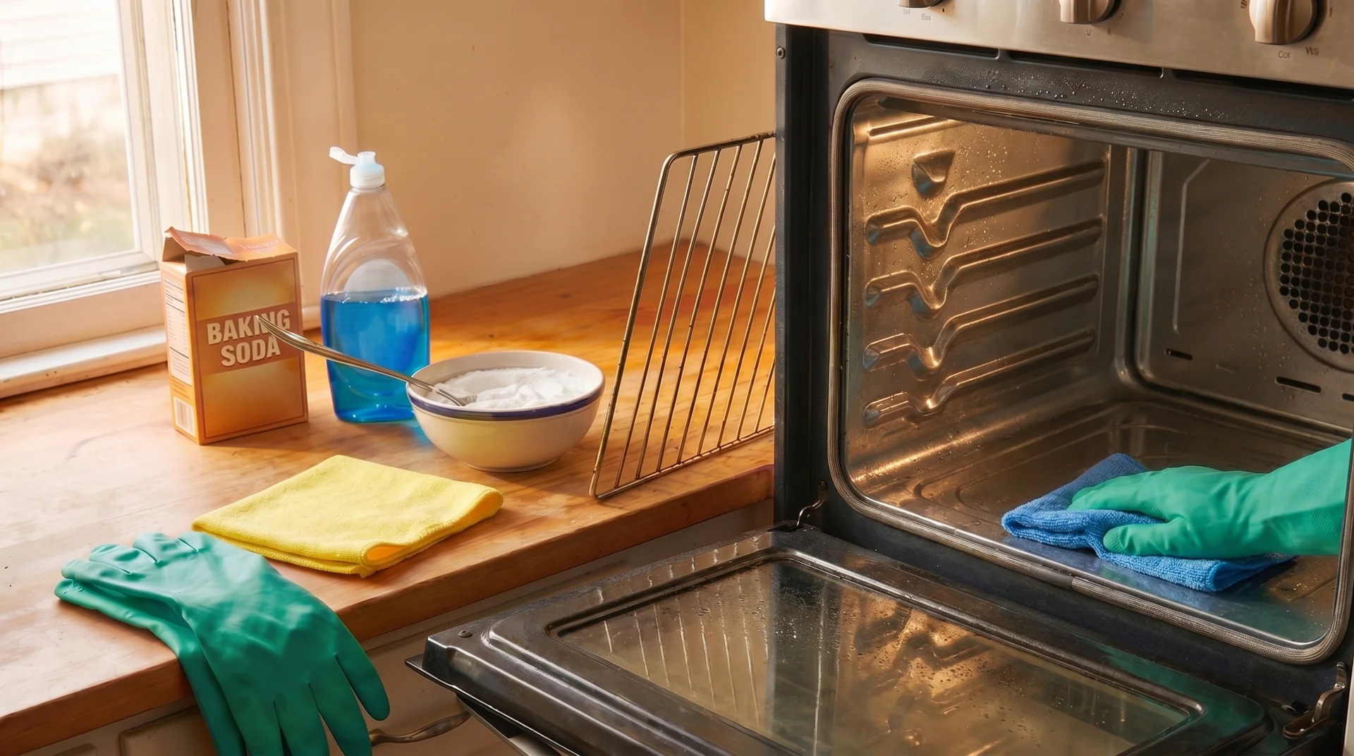 Final rinse pass inside a cleaned oven using a microfiber cloth