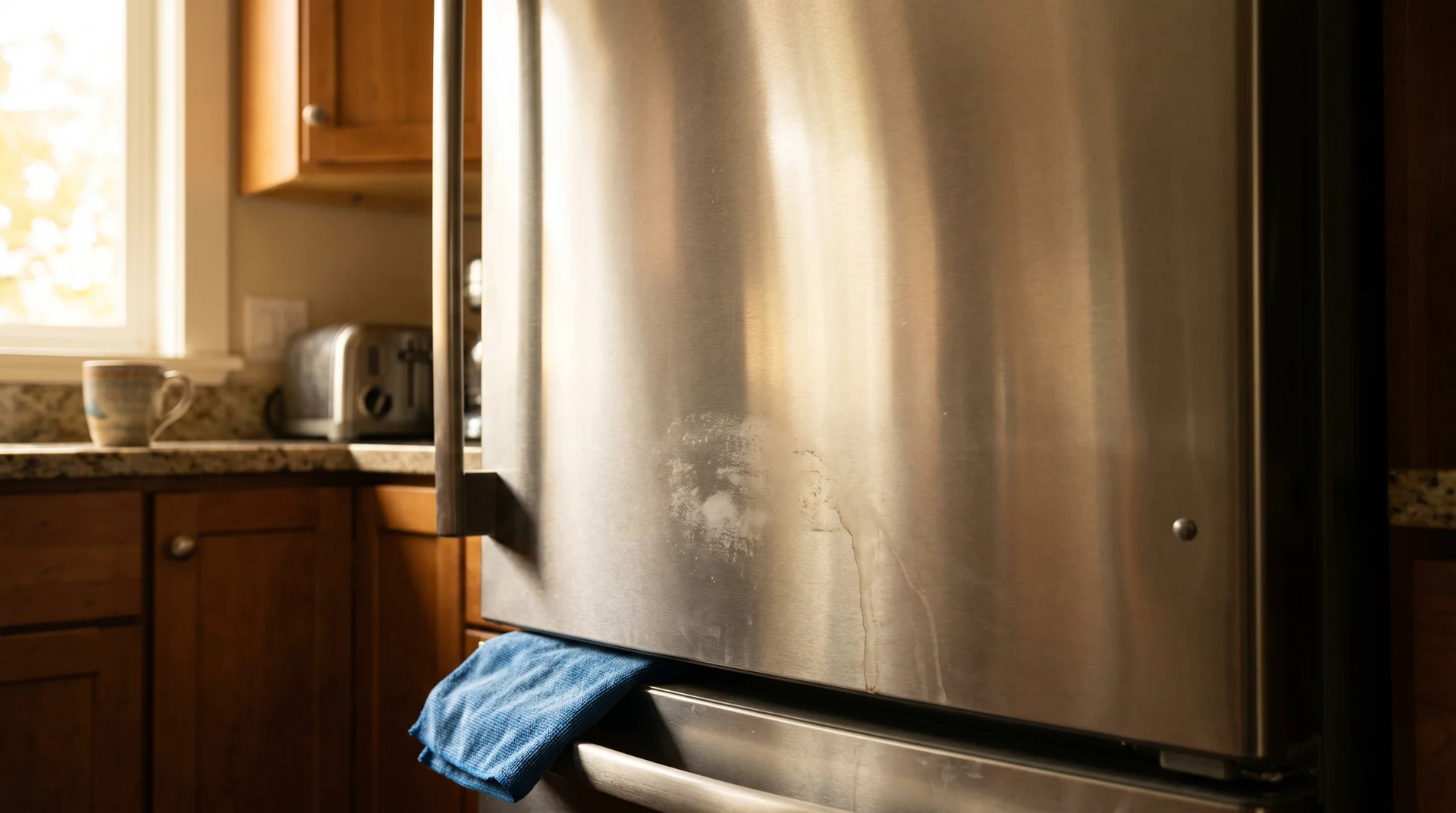 Fingerprint smudges on a brushed stainless steel refrigerator door in a lived-in home kitchen