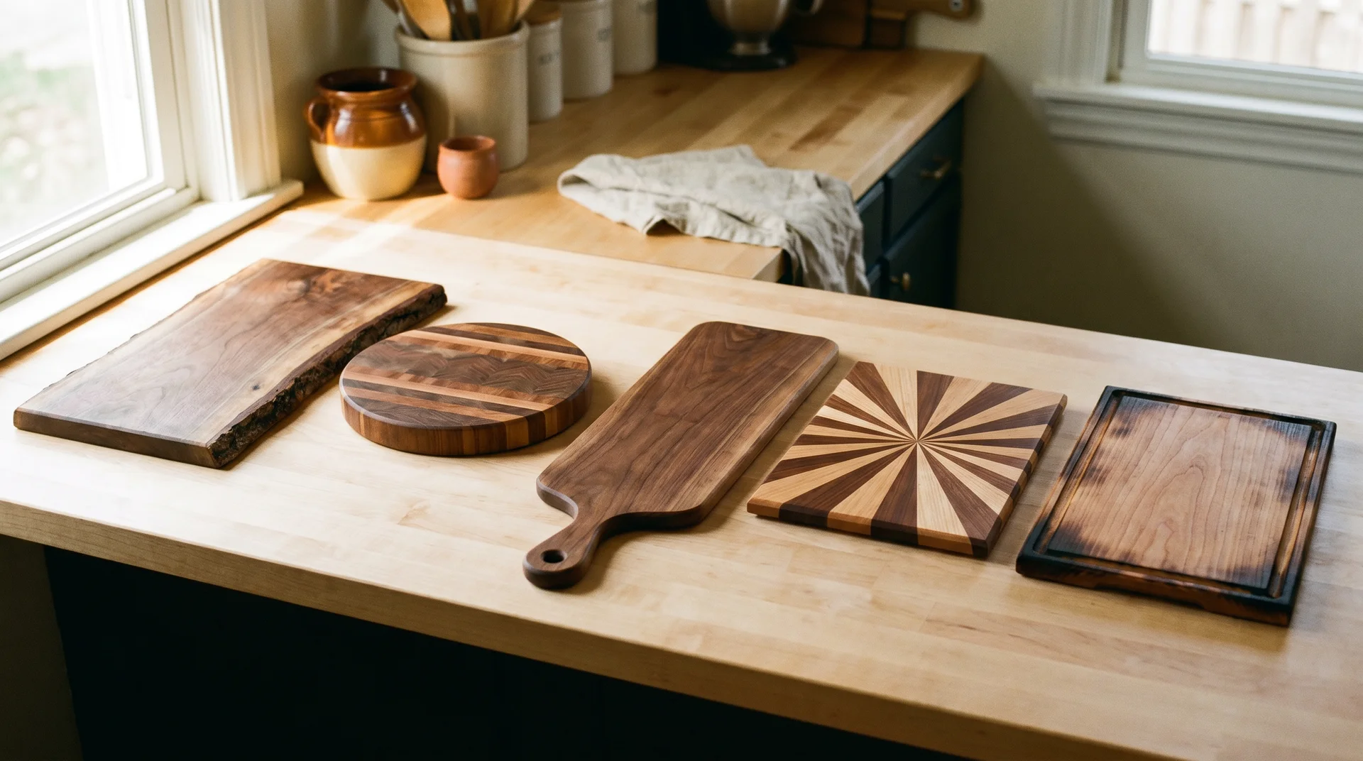 Five handmade cutting boards from five distinct design categories arranged on a kitchen counter