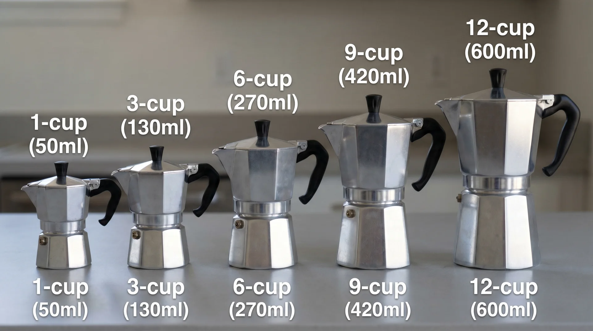 Five moka pot sizes from 1-cup to 12-cup arranged in order showing volume progression