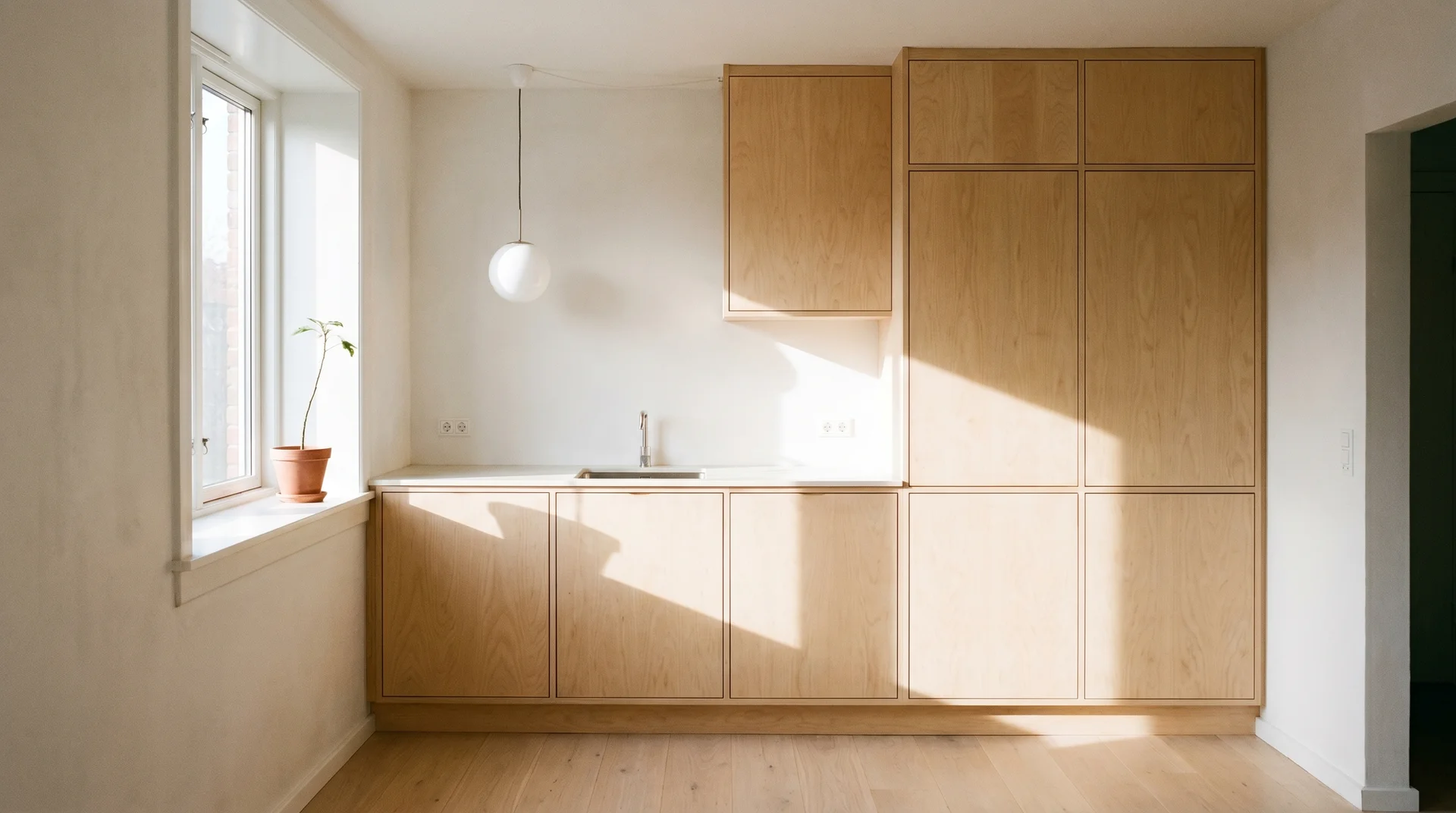 Flat-front birch cabinets, bare globe pendant, and clear counters in a Scandinavian kitchen