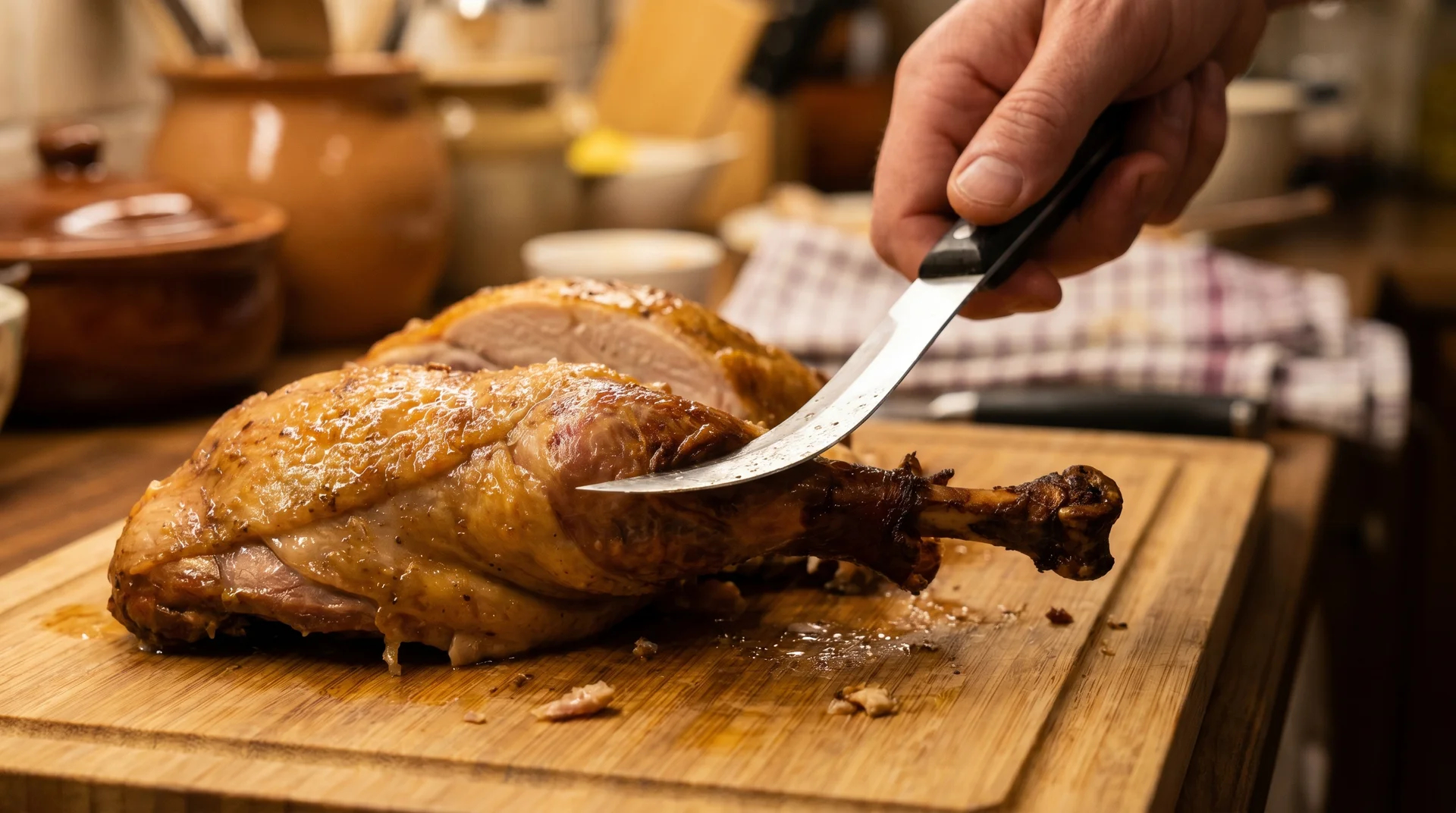 Flexible carving knife following a turkey joint during carving