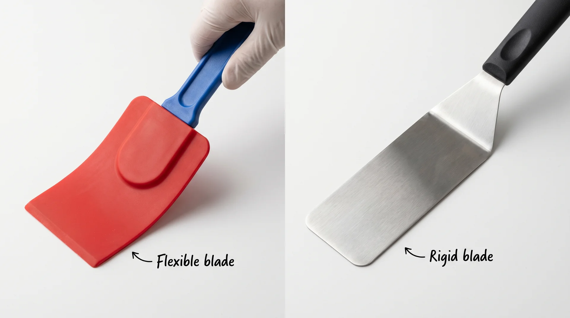 Flexible rubber scraper next to a rigid metal flipper spatula showing blade difference for kitchen tasks