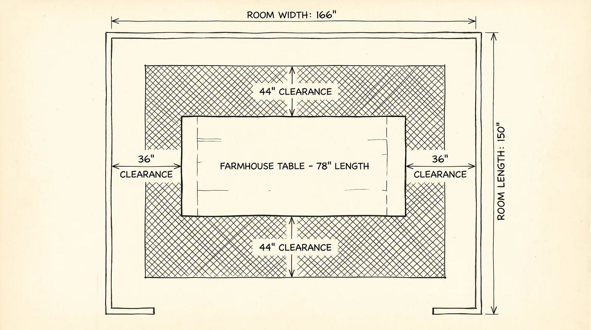 Floor plan diagram showing 36-inch and 44-inch clearance zones around a farmhouse dining table