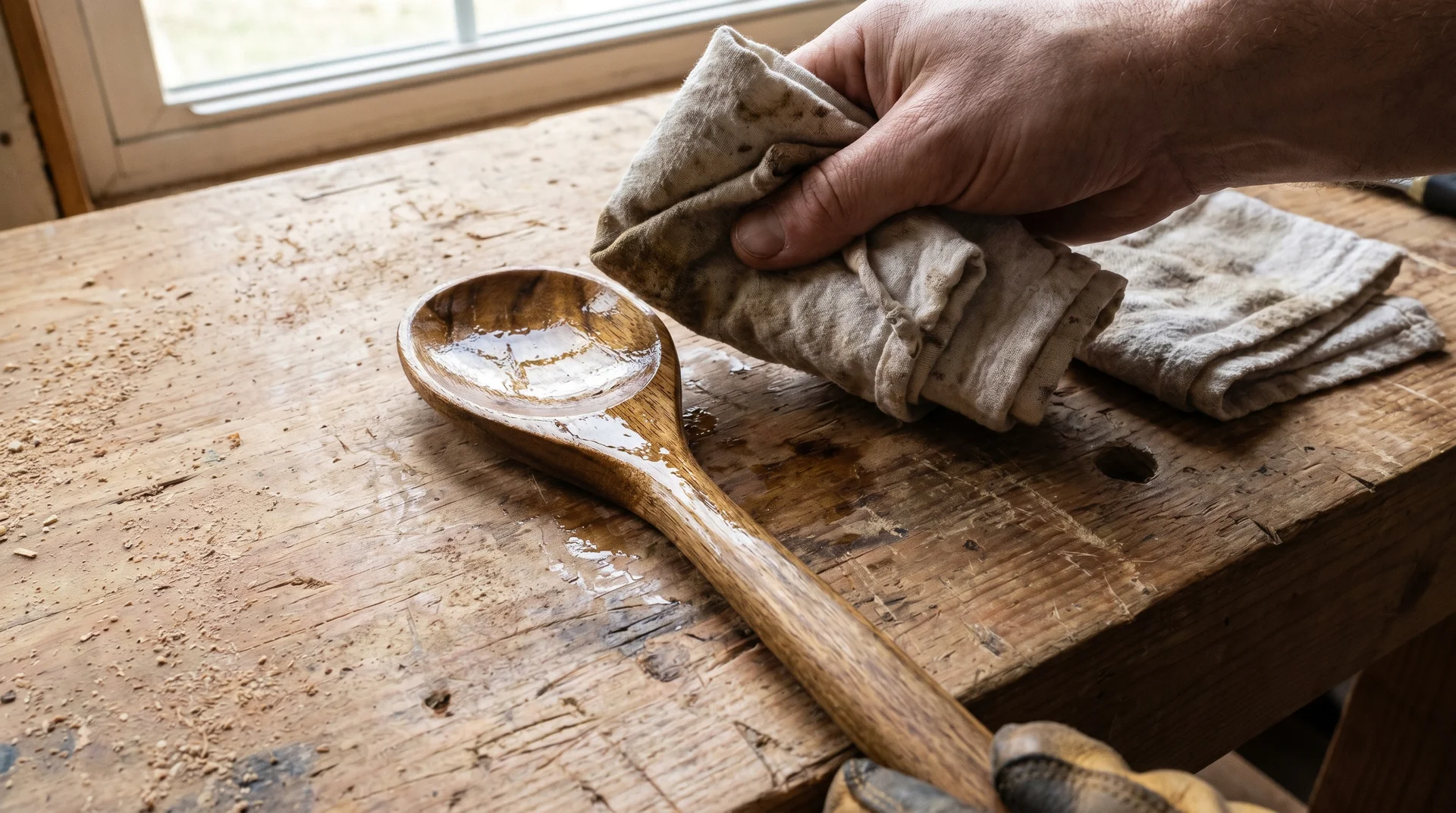 Food-grade mineral oil being applied to an acacia wood cooking spoon for conditioning