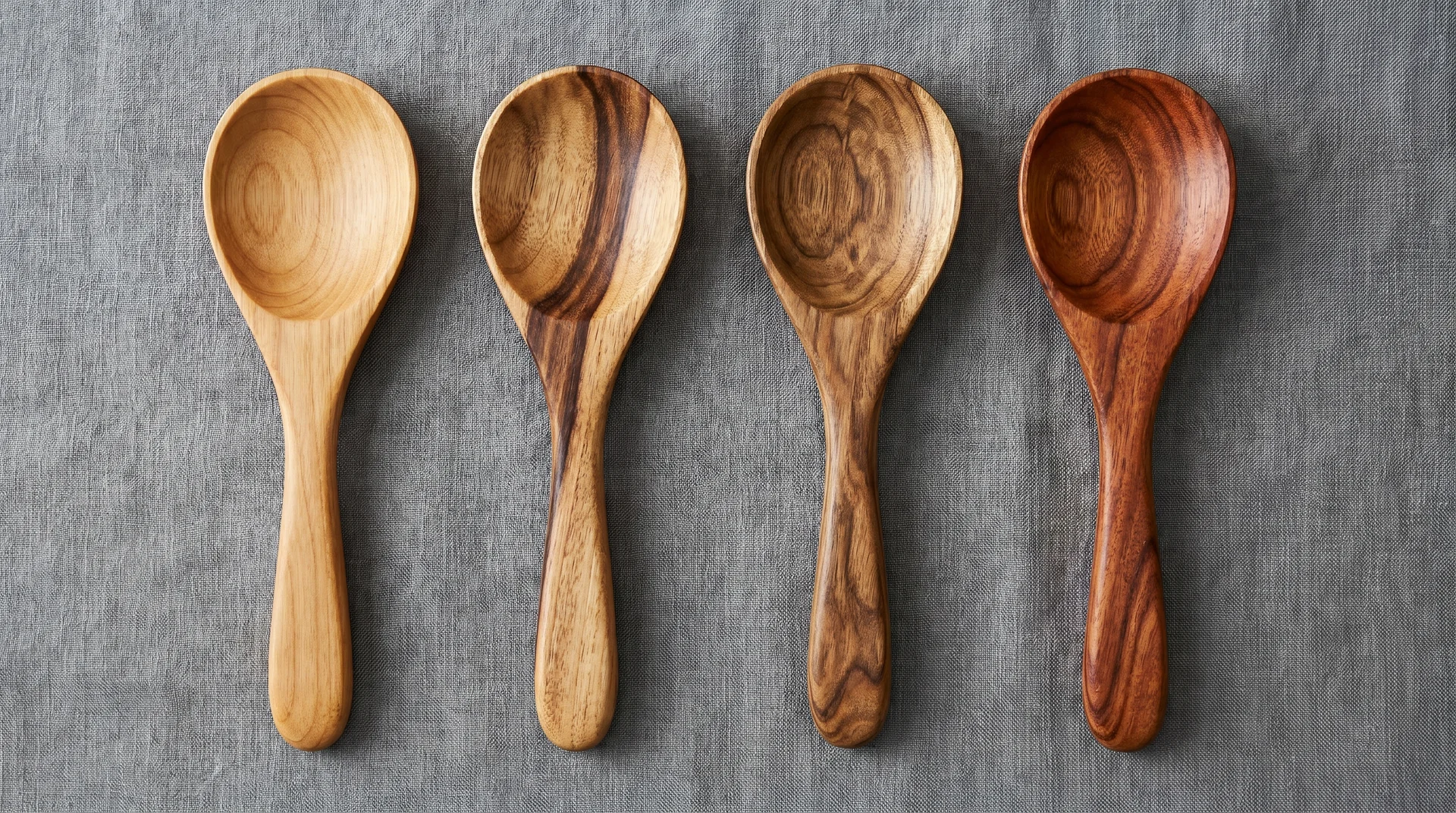 Four acacia wood spoons from one set showing natural grain and color variation across pieces.