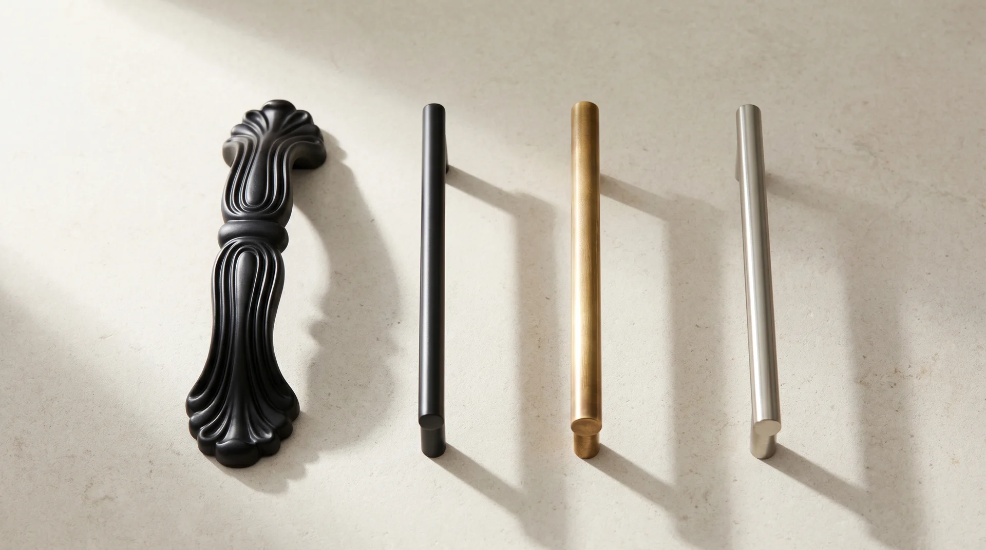Four cabinet hardware finishes from trend-driven to stable shown in a single reference row