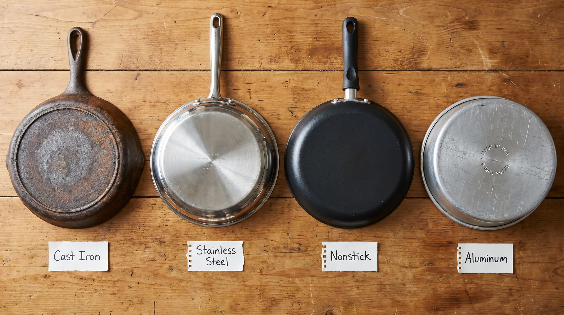 Four pans upside down showing different base markings and materials