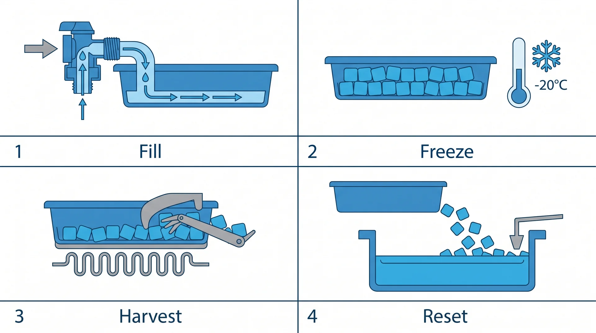 Four-step diagram of an ice maker cycle — fill, freeze, harvest, and reset