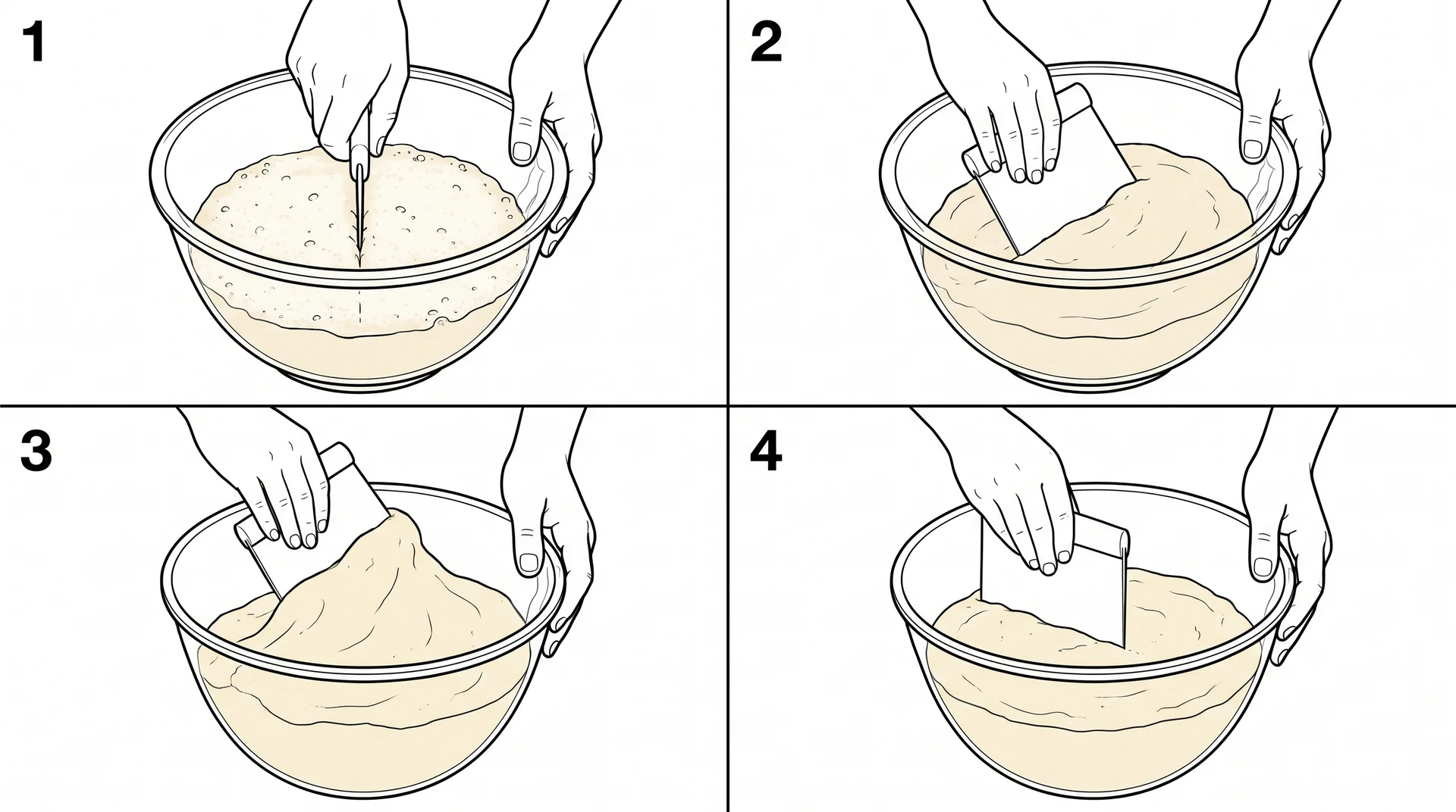 Four-step diagram showing the correct rubber scraper folding technique for baking with egg whites