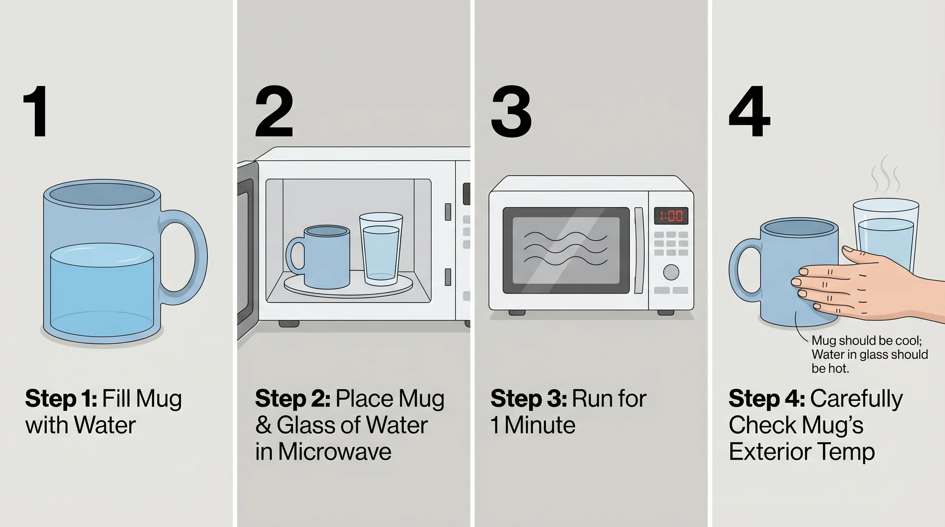 Four-step diagram showing the one-minute water test for microwave mug safety: fill, place, run, touch
