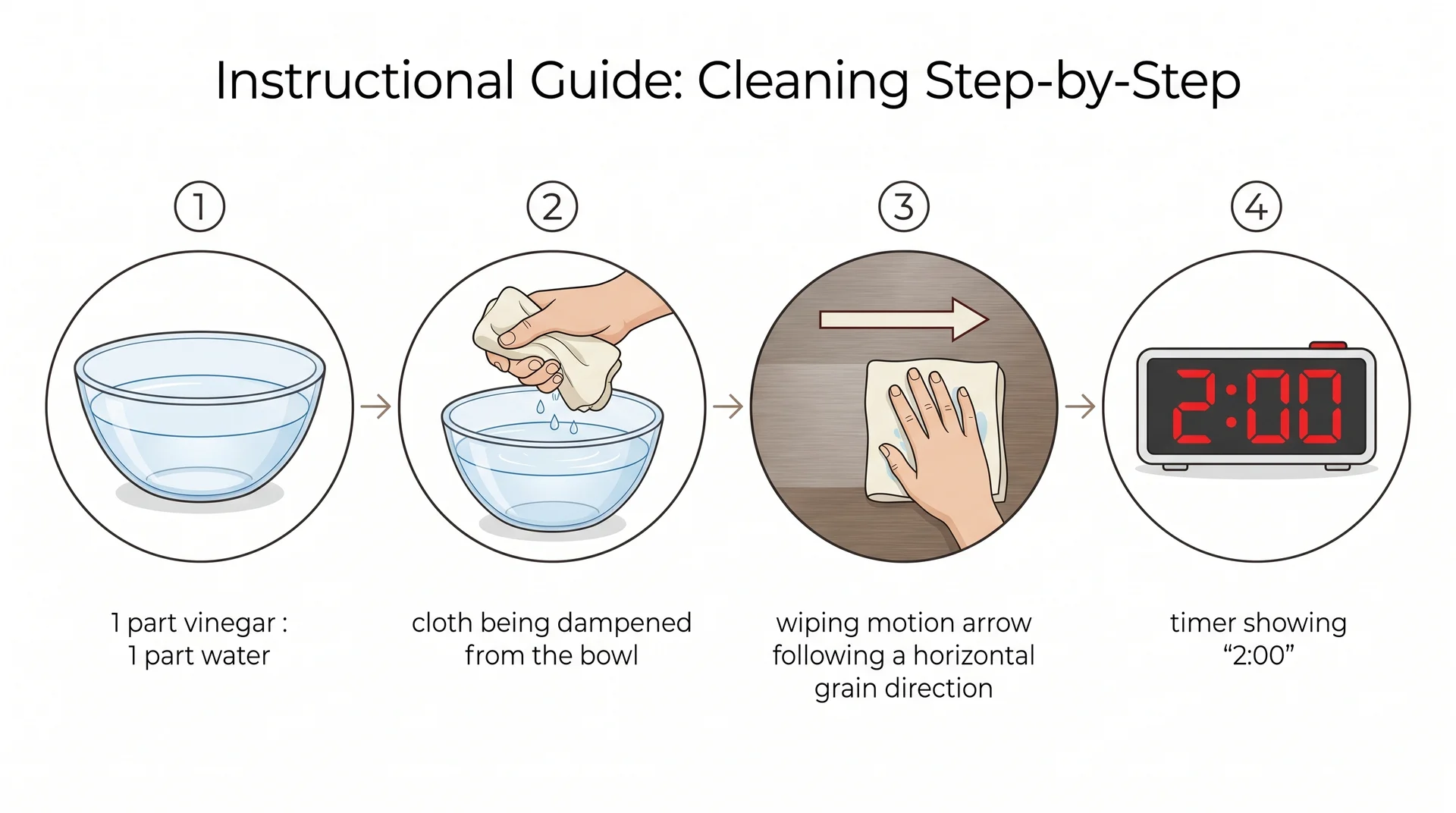 Four-step diagram showing vinegar dilution, cloth application, grain-direction wiping, and two-minute contact time limit