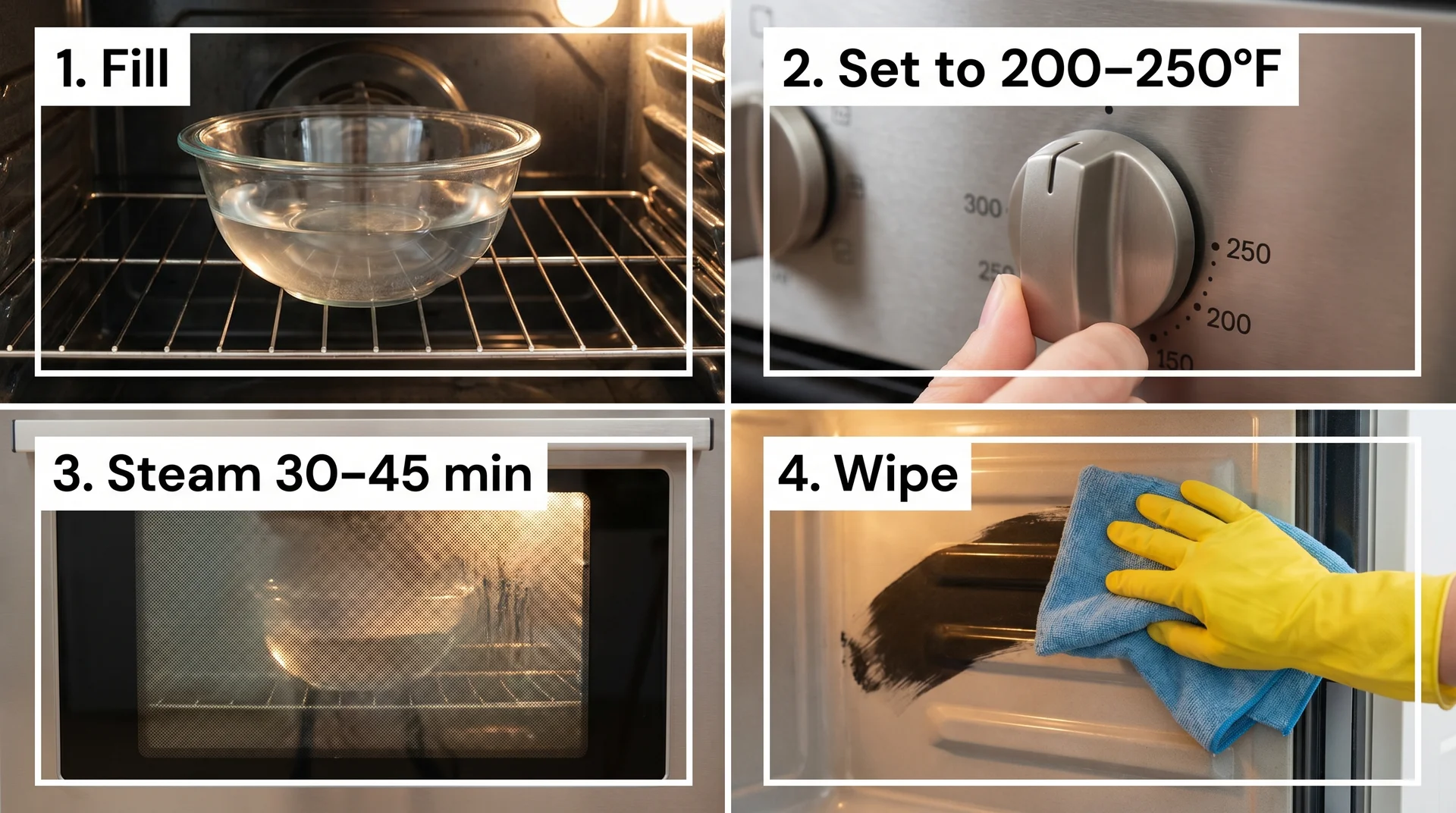 Four-step diagram showing vinegar steam oven cleaning method from setup to wipe-down