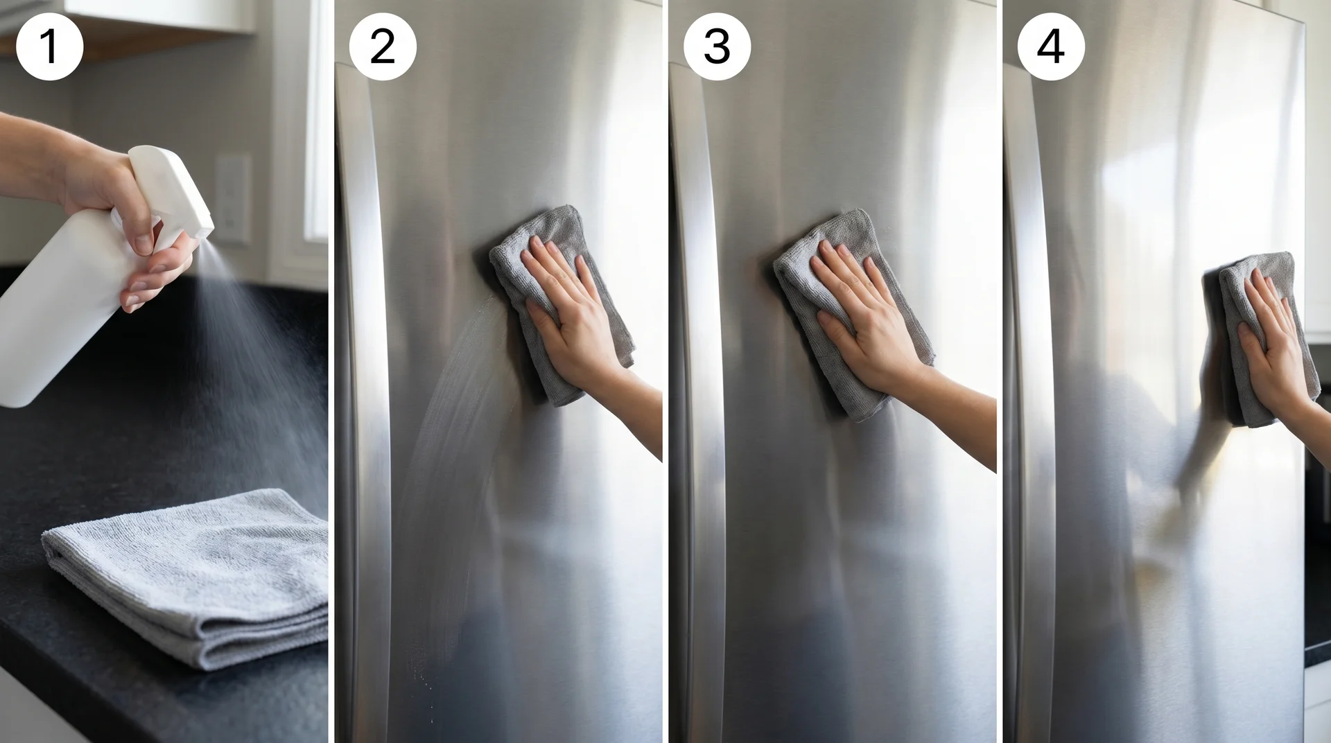 Four-step process showing correct glass cleaner application on stainless steel — spray cloth, wipe grain, dry buff, streak check