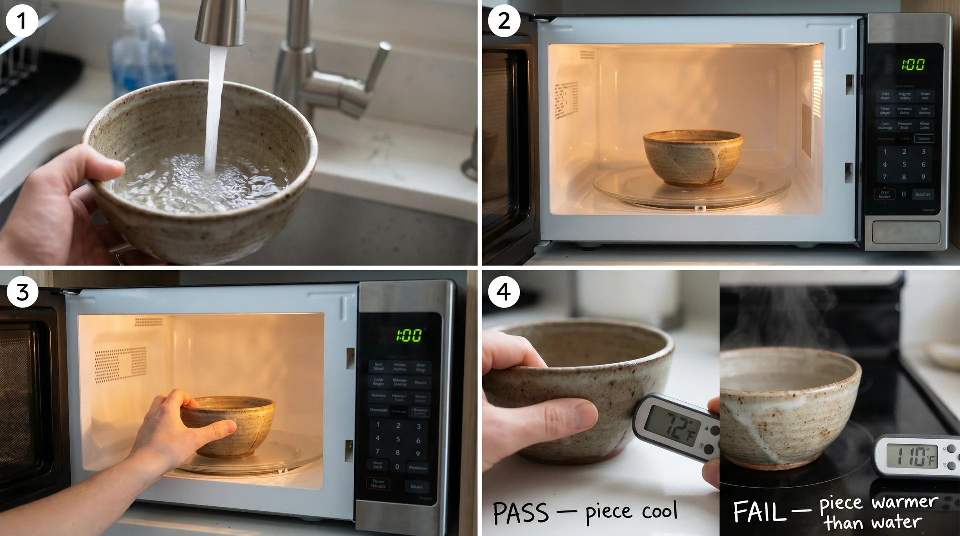 Four-step sequence showing the one-minute microwave water test for handmade pottery safety