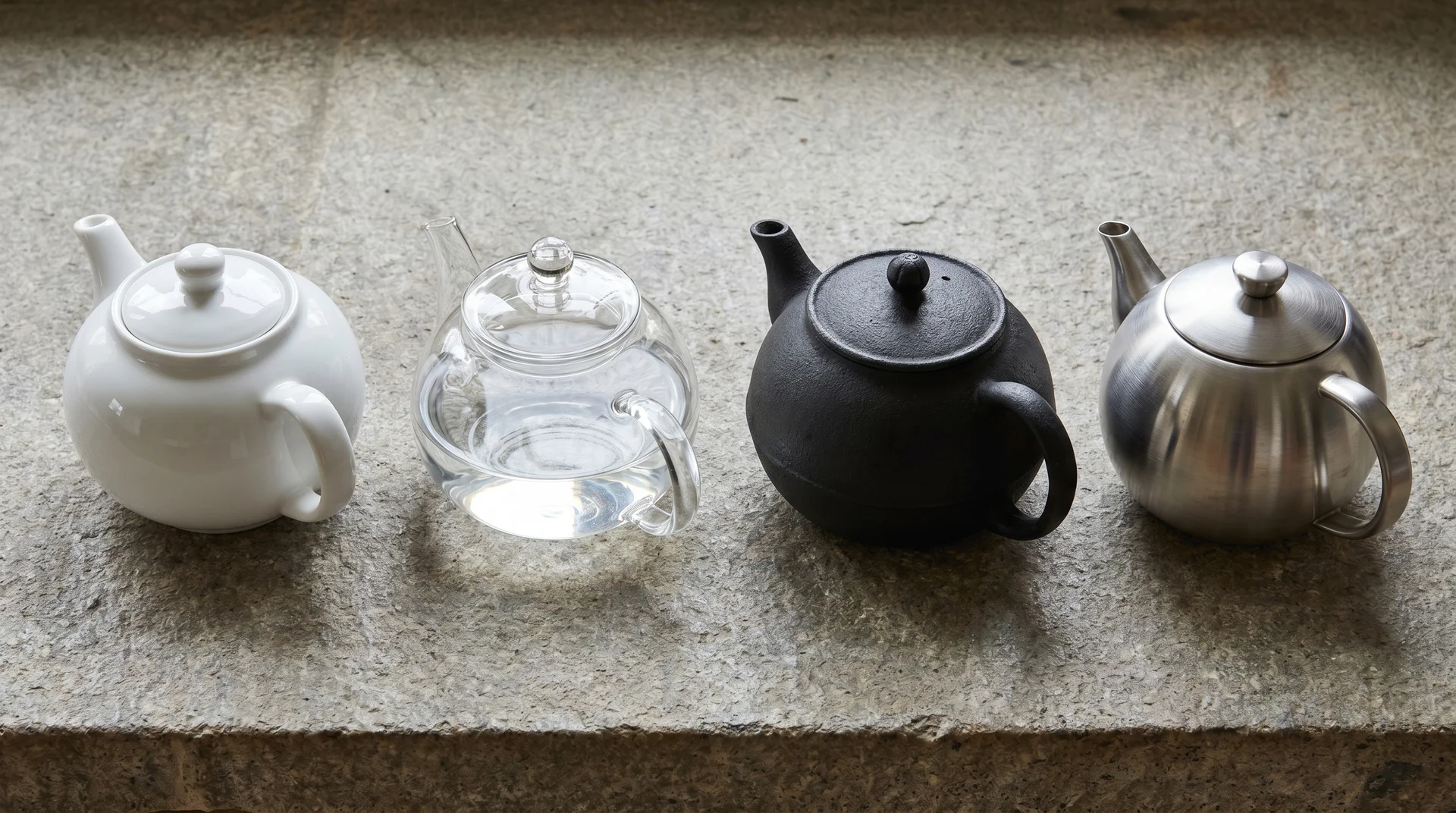 Four teapots in ceramic, glass, cast iron, and stainless steel displayed side by side for material comparison