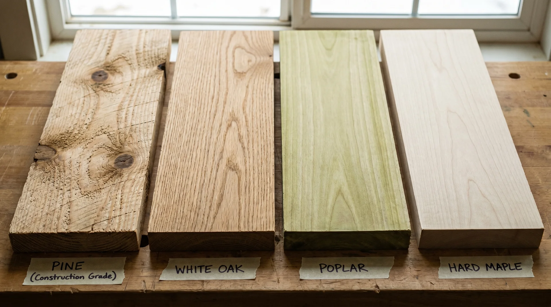 Four wood samples for farmhouse table builds — pine, white oak, poplar, and hard maple with grain detail