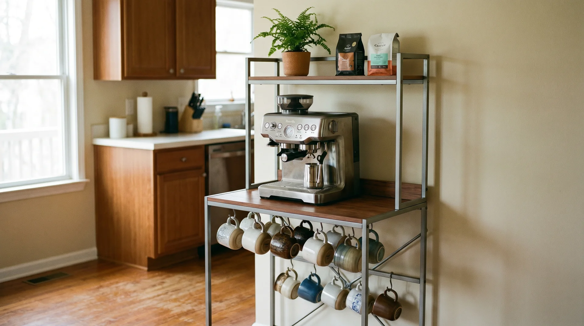 Freestanding baker's rack styled as a coffee station in a real home kitchen with natural light