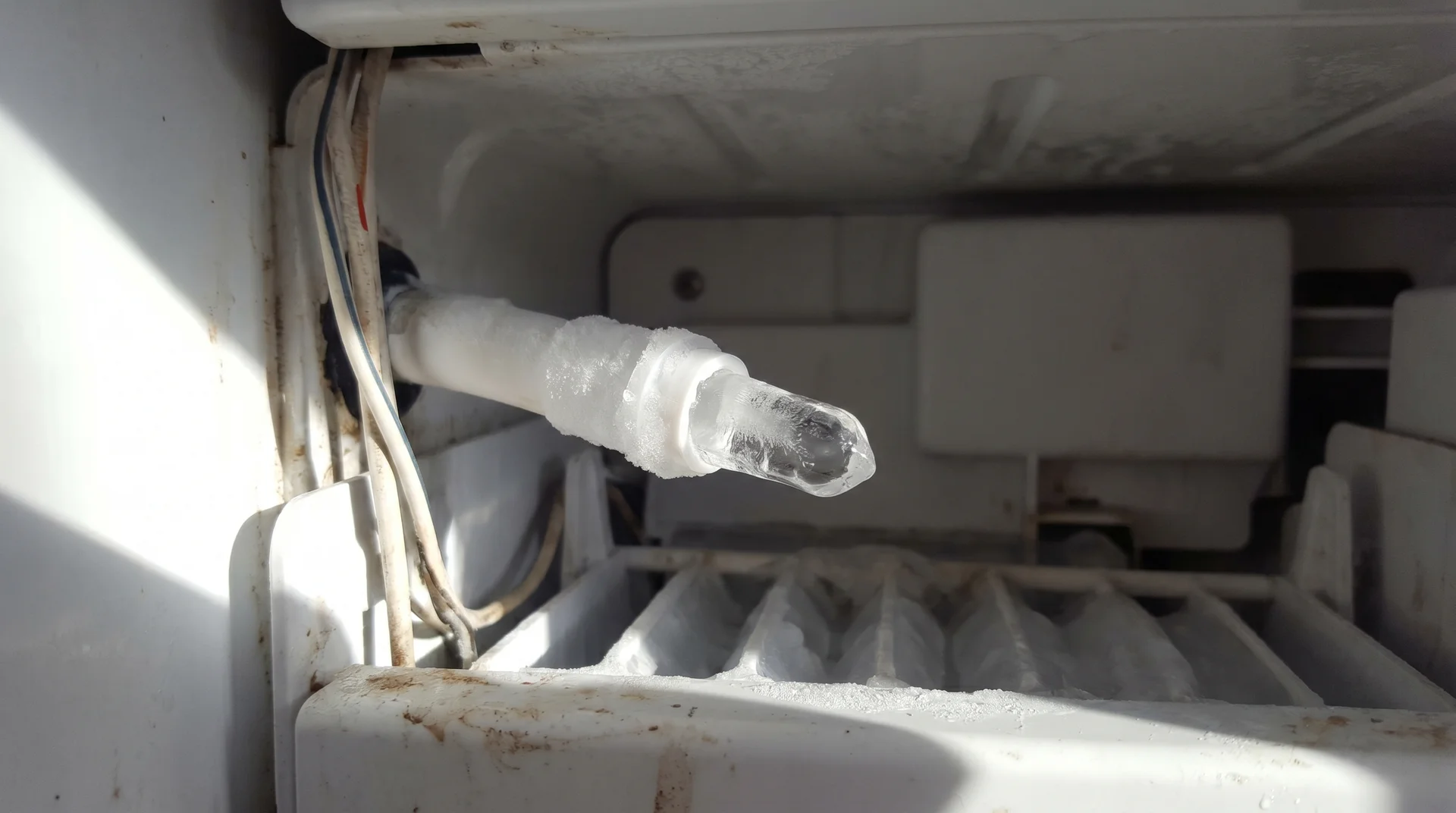 Frozen fill tube on a refrigerator ice maker showing ice blockage at the tube tip