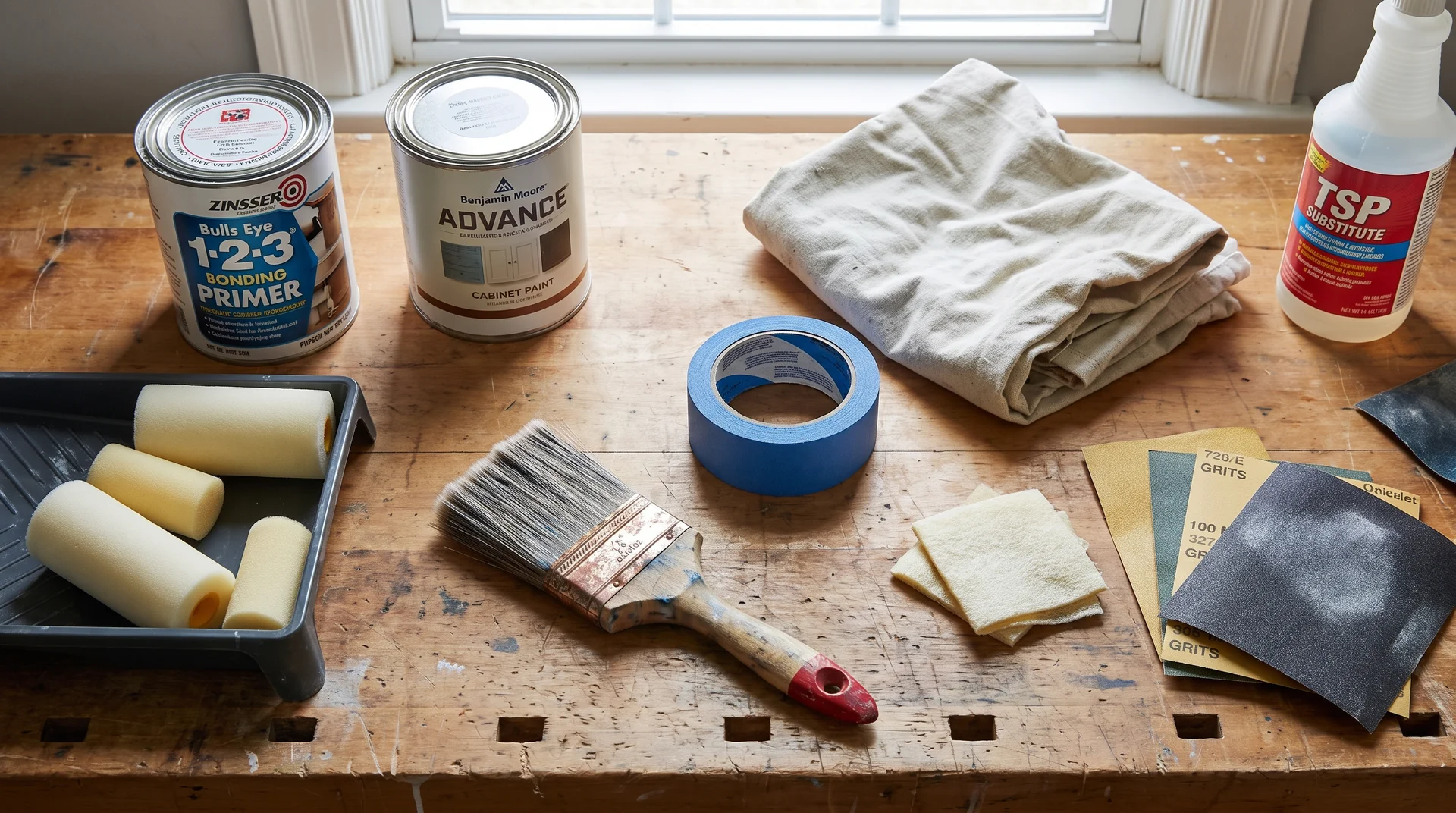 Full DIY cabinet painting supply layout including primer, cabinet enamel, foam rollers, degreaser, and sandpaper