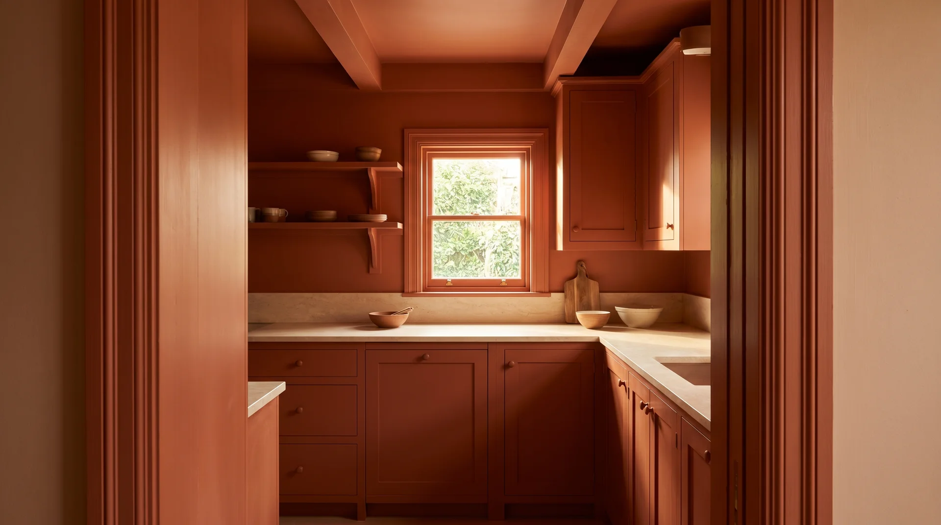 Full color-drenched kitchen in terracotta with matching cabinets, walls, and ceiling