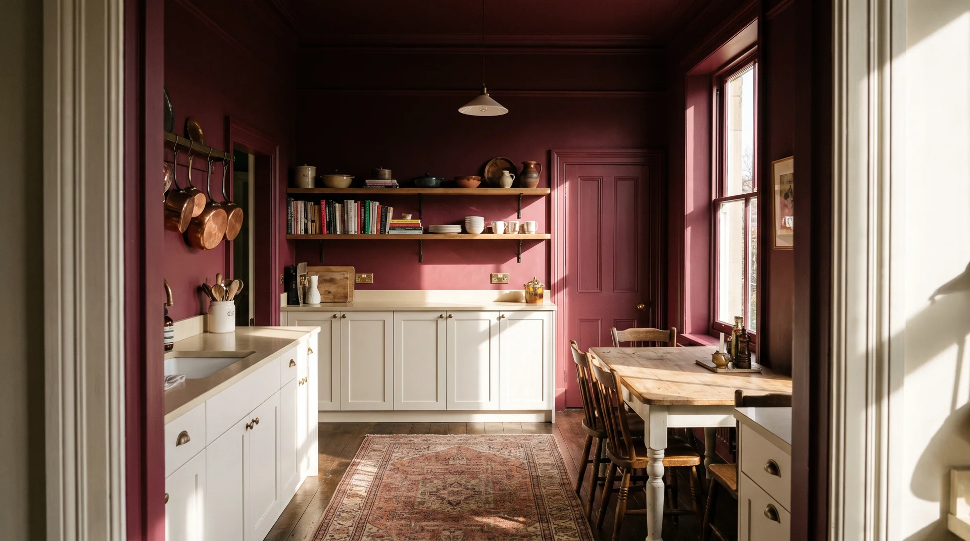 Full color-drenched kitchen with burgundy walls, ceiling, and trim and white Shaker cabinets below