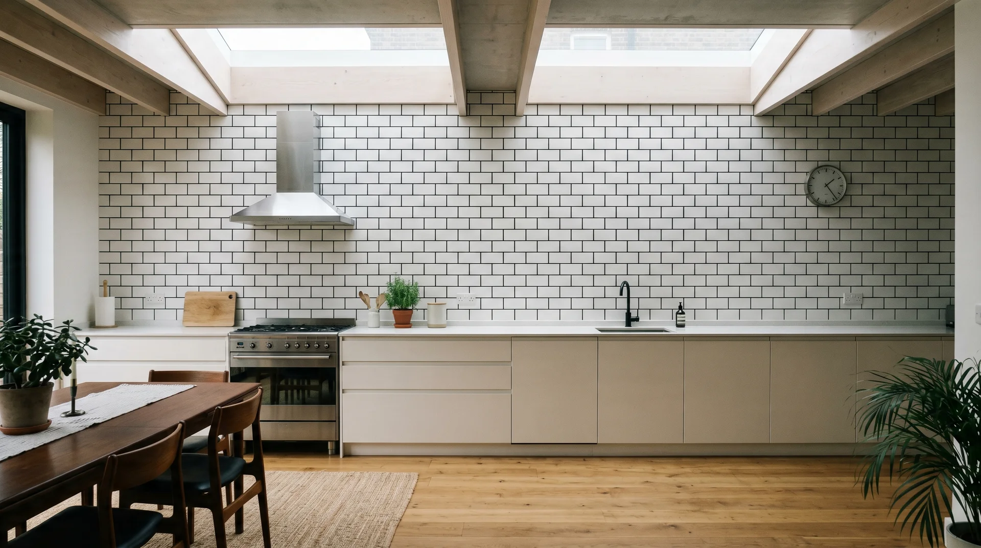 Full-height white subway tile with black grout kitchen wall visible from adjacent open-plan living area 