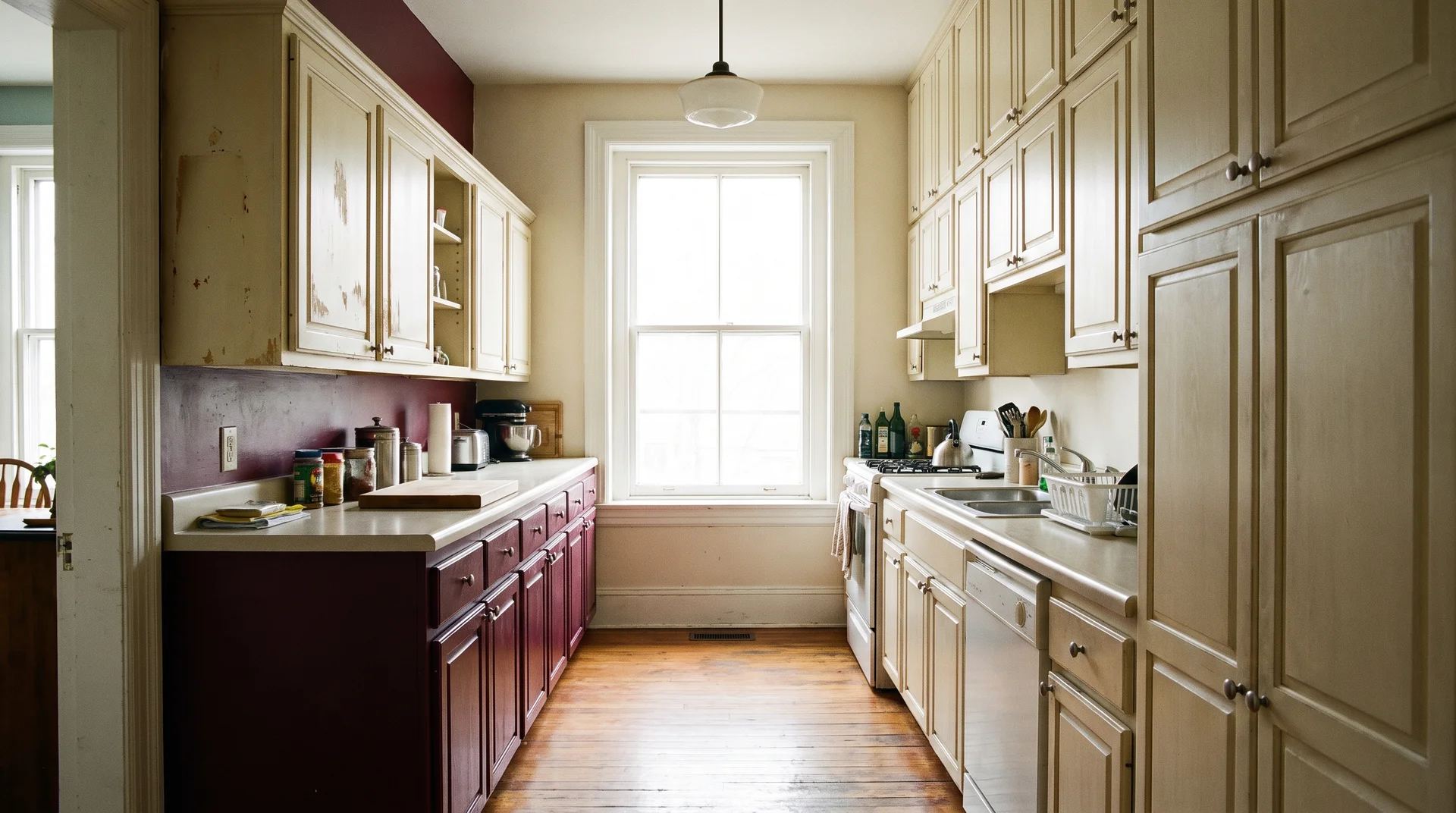 Galley kitchen with burgundy lower cabinets on one run and neutral cabinets opposite, sightline to window at the far end