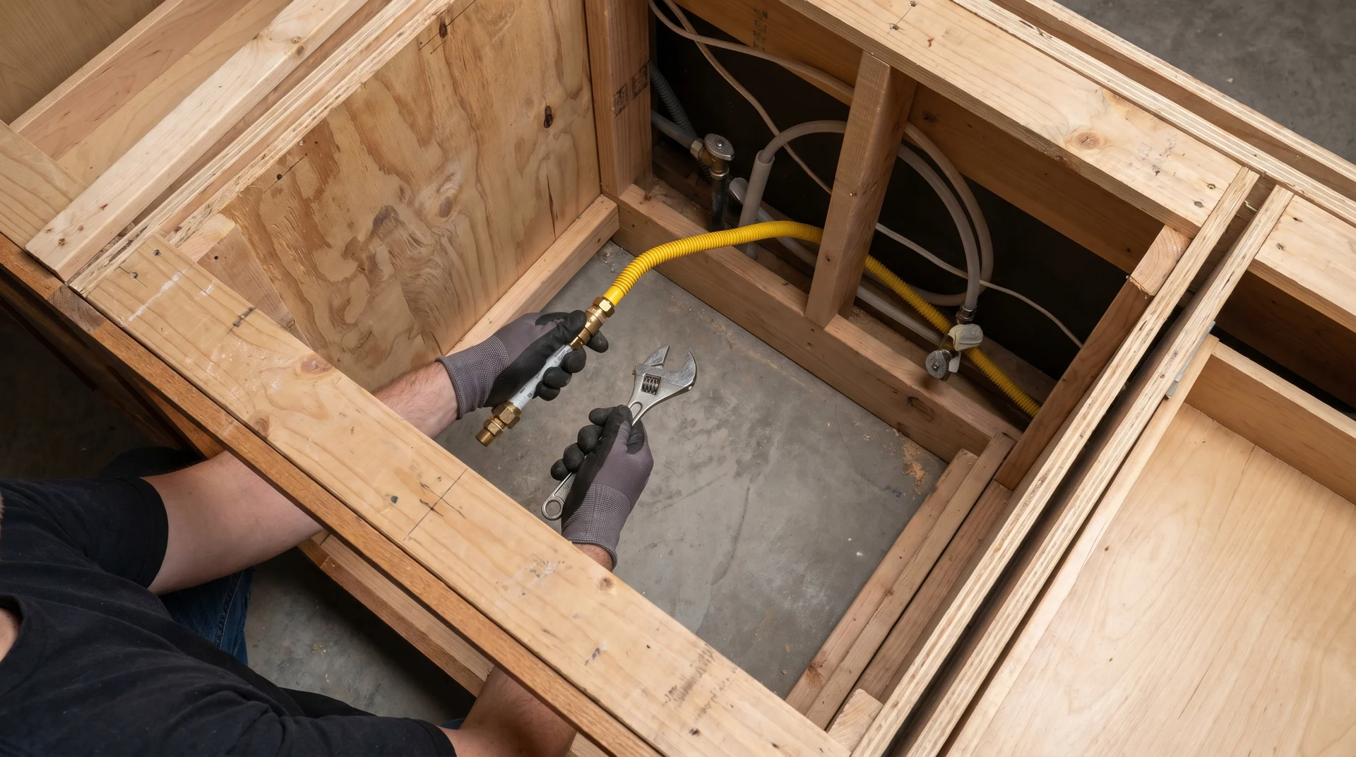Gas line connection being installed inside kitchen island cabinet during rough-in phase
