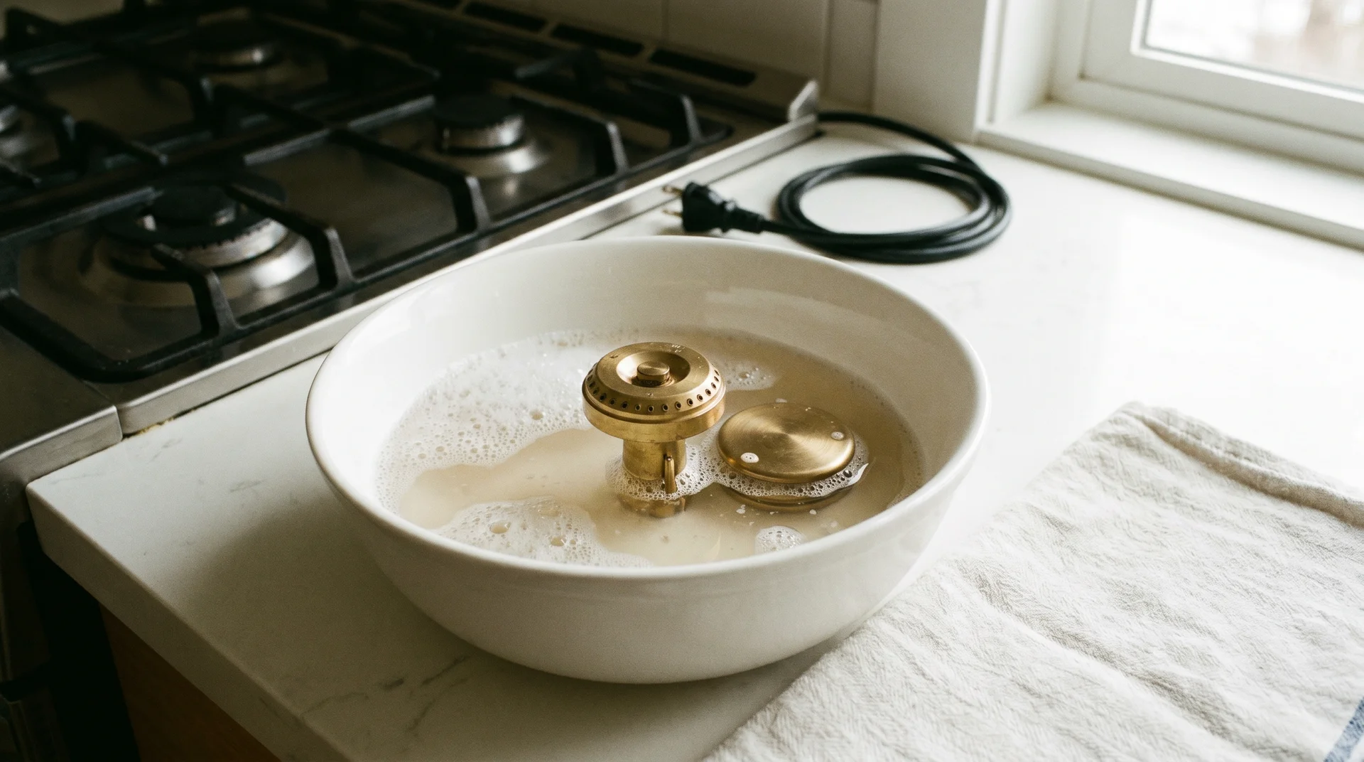 Gas stove burner head and cap soaking in warm soapy water in a ceramic bowl beside the stovetop