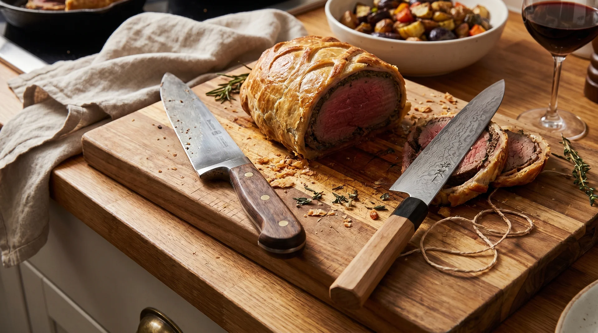 German-style and Japanese-style carving knives beside a roast dinner