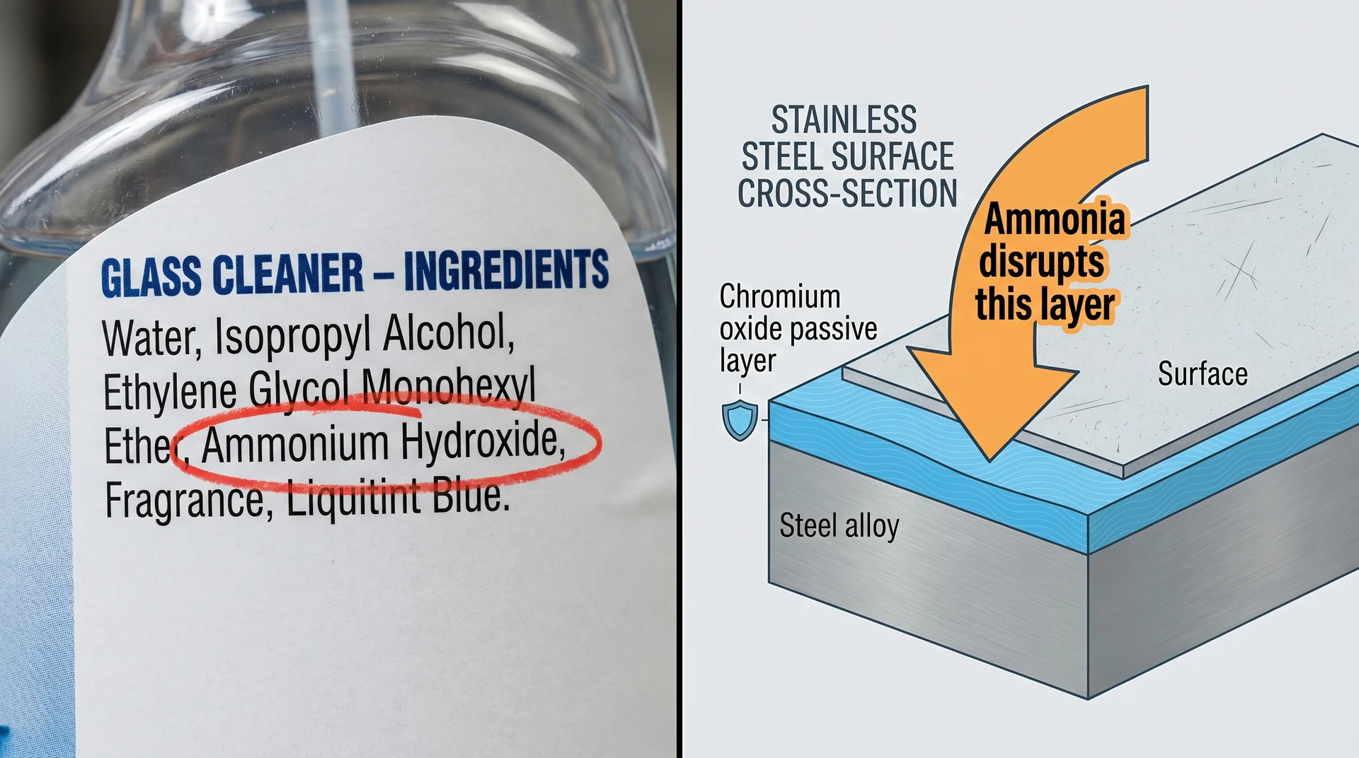 Glass cleaner ingredient label with ammonia highlighted alongside a stainless steel passive layer cross-section diagram