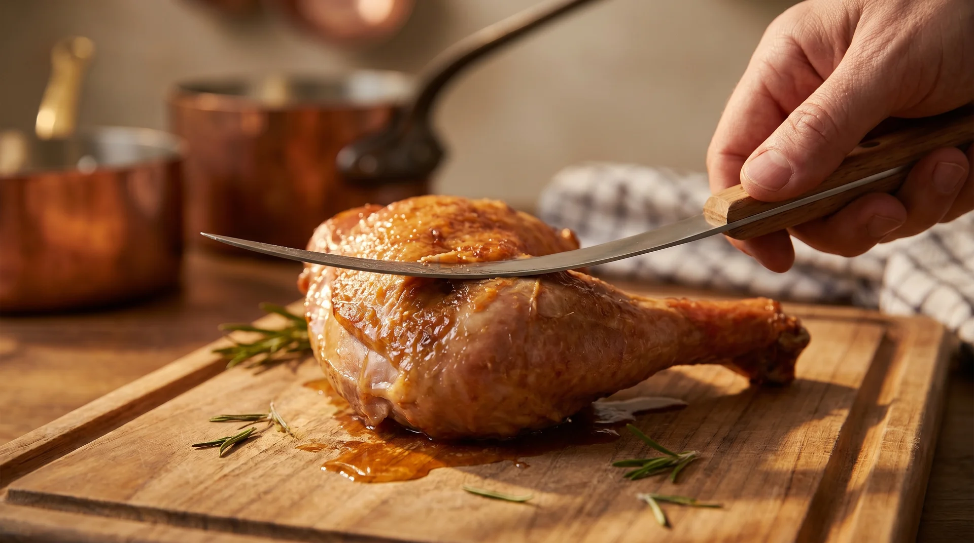 Granton-edge carving knife slicing roasted prime rib