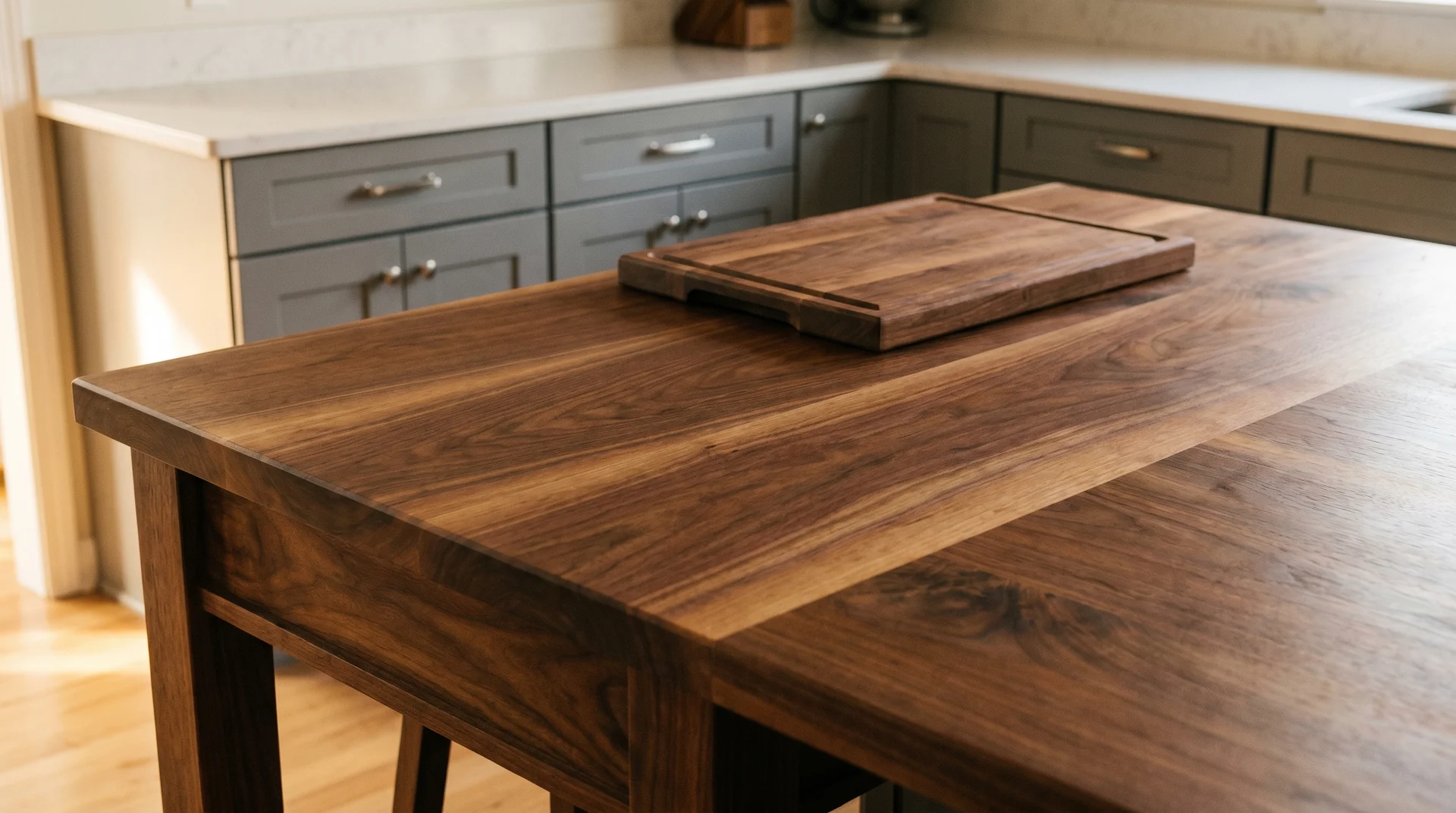 Gray kitchen cabinets with a walnut island top showing rich grain, light quartz perimeter countertop, low angle afternoon shot