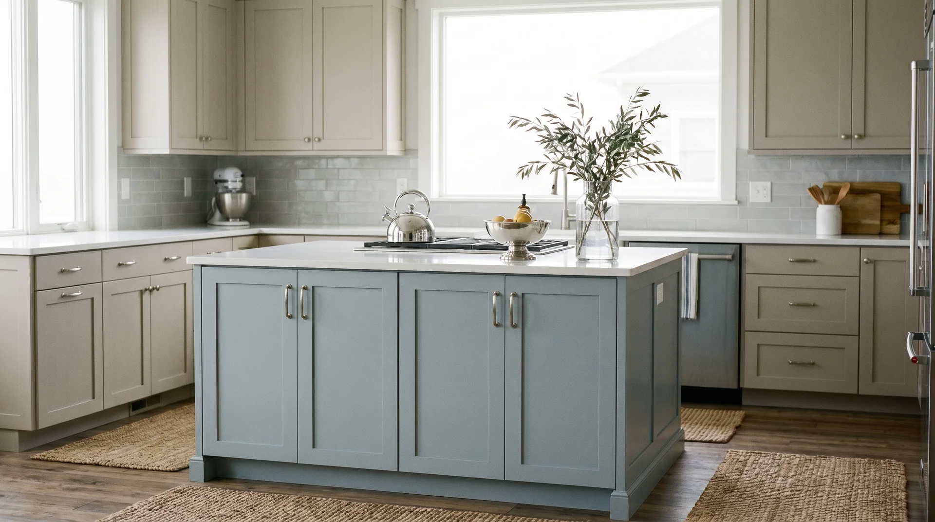 Greige kitchen cabinets with a dusty Newburyport Blue island, chrome hardware, white quartz countertop, diffused light