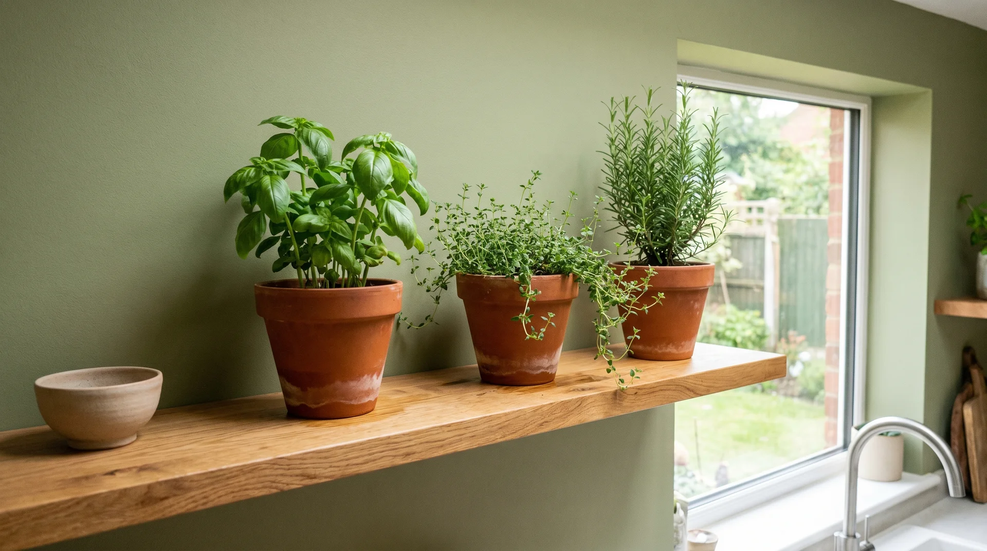 Growing herb pots in terracotta on a wooden shelf above a kitchen sink with sage green walls