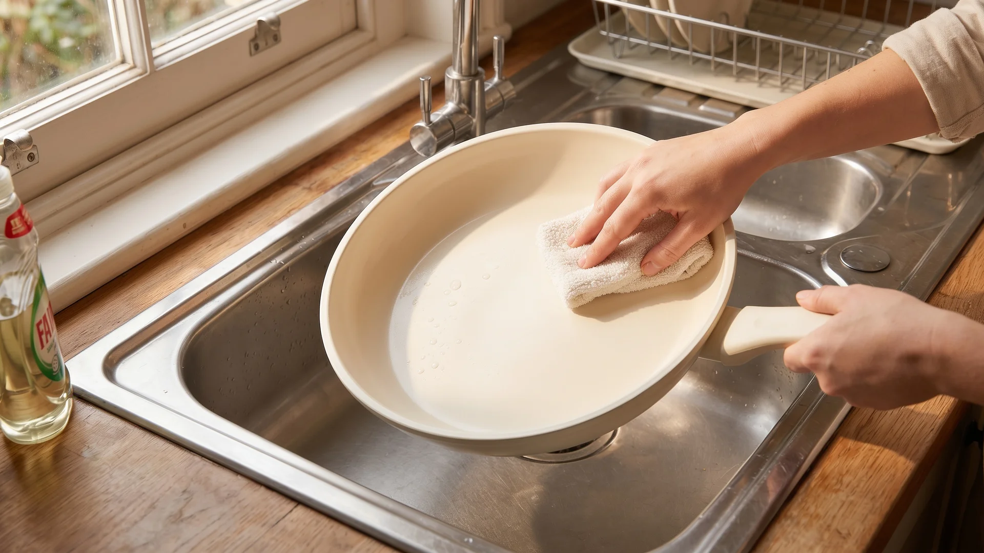 Hand-drying a ceramic pan after washing
