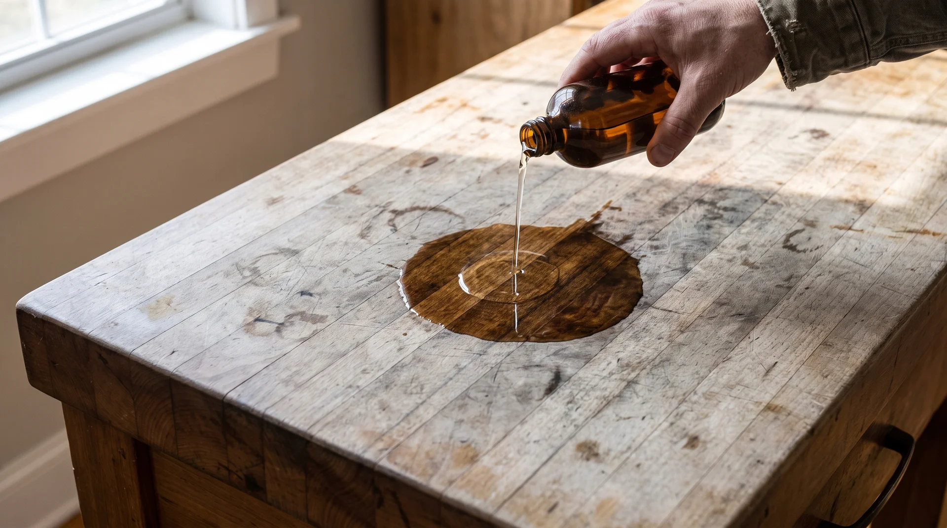 Hand oiling a dry edge-grain butcher block island countertop showing the difference between oiled and unsoaked wood