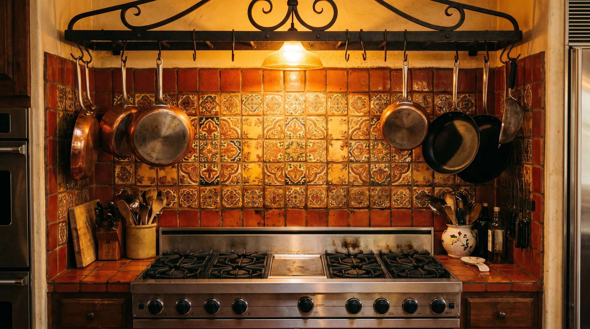 Hand-painted terracotta backsplash tile behind a gas range with hanging copper pans