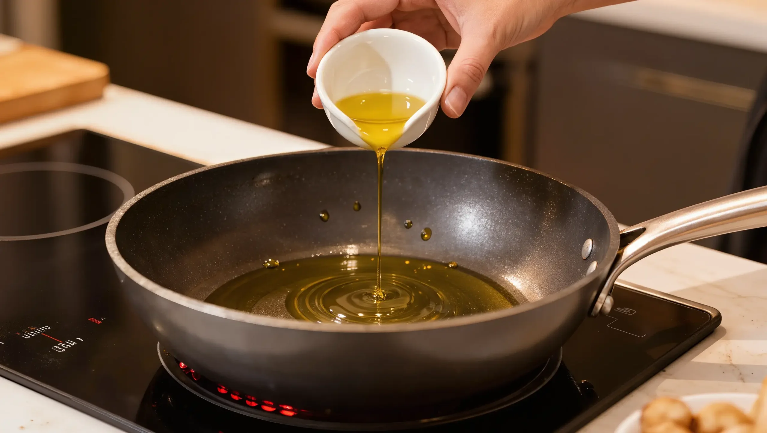 Hand pouring oil into hard anodized skillet on medium heat — correct fat-first preheat sequence for nonstick cookware