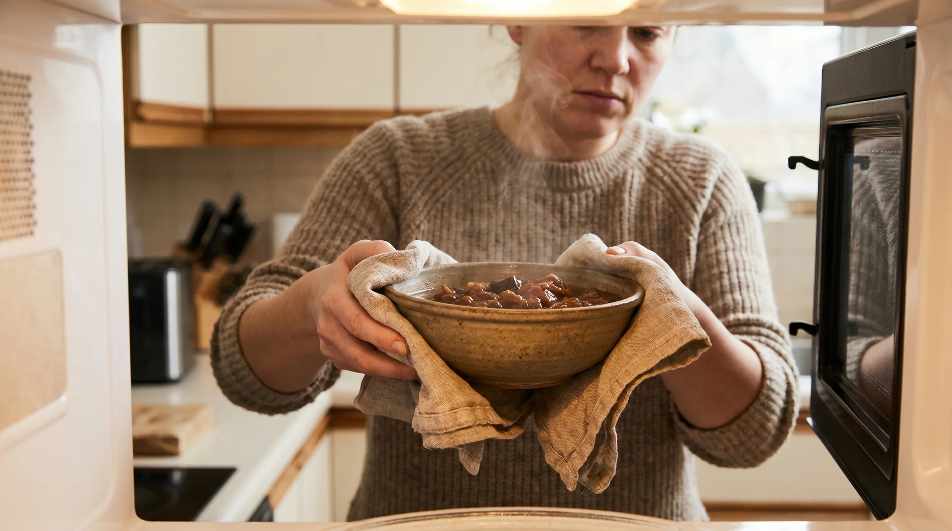Hand removing hot stoneware bowl from microwave using a kitchen towel