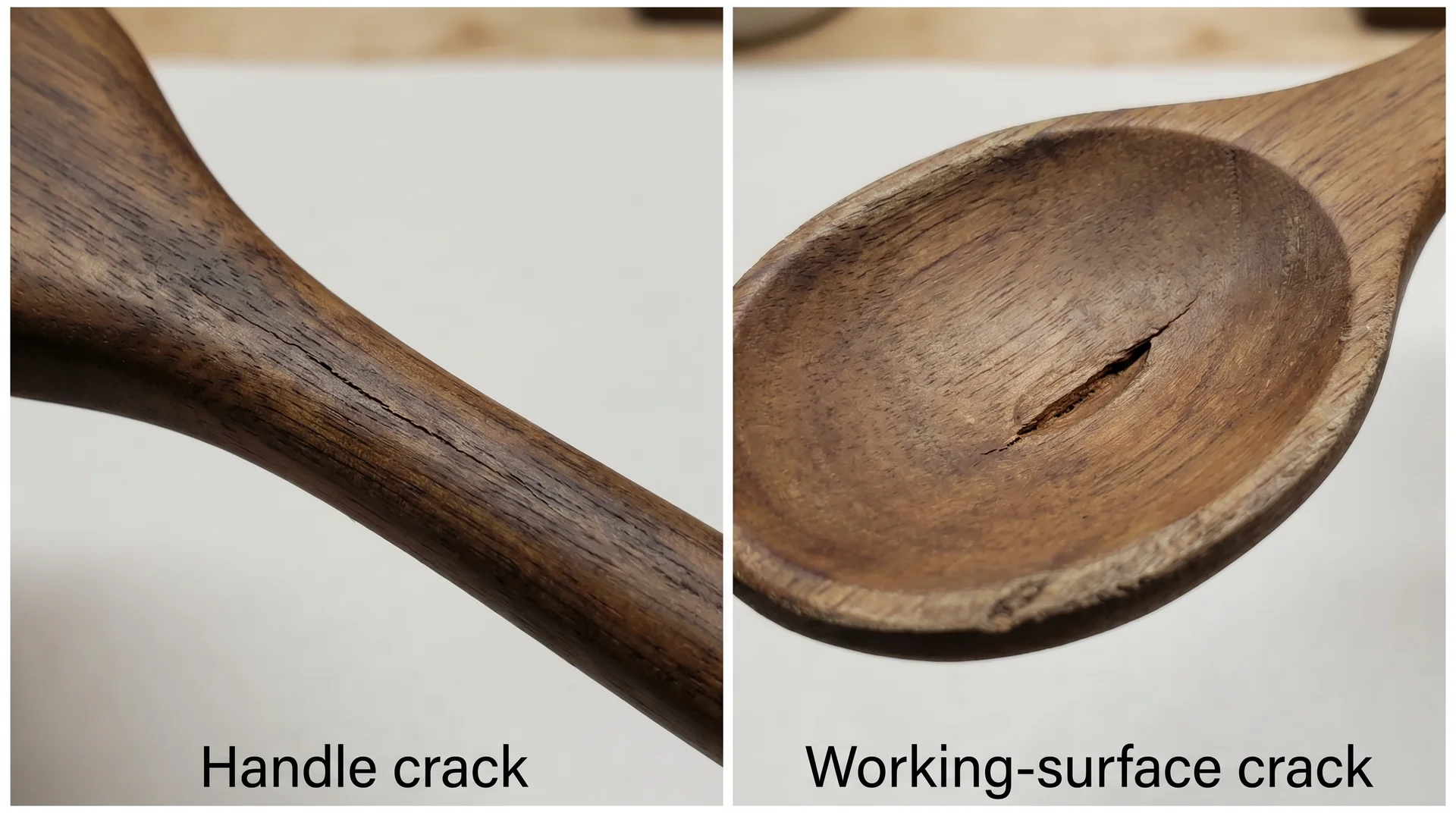Handle crack versus working-surface crack on acacia wood spoons showing when to restore or replace