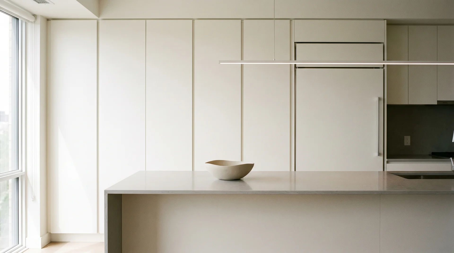 Handleless white contemporary kitchen with waterfall island edge and linear pendant