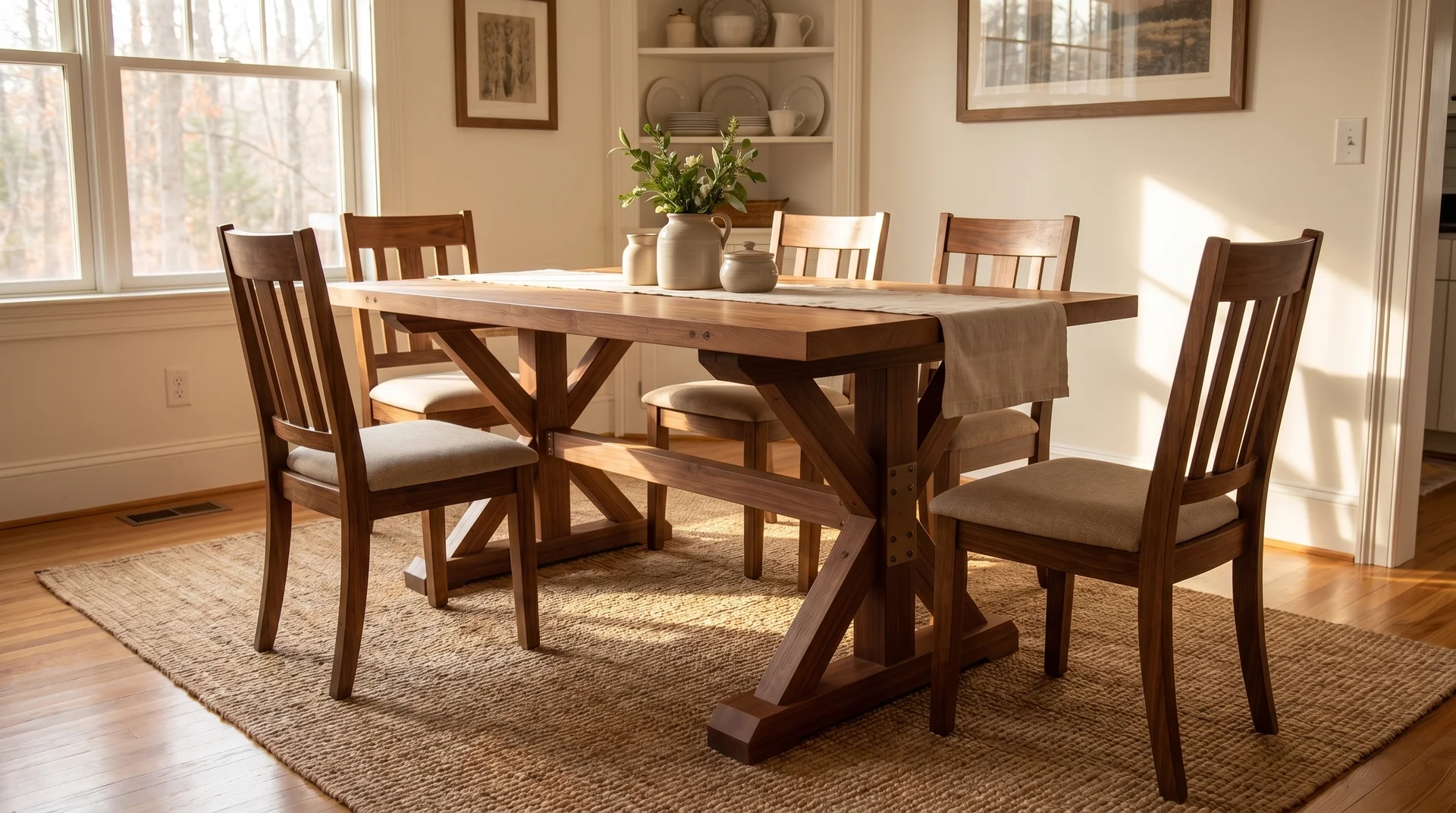 Handmade farmhouse dining table installed in a dining room