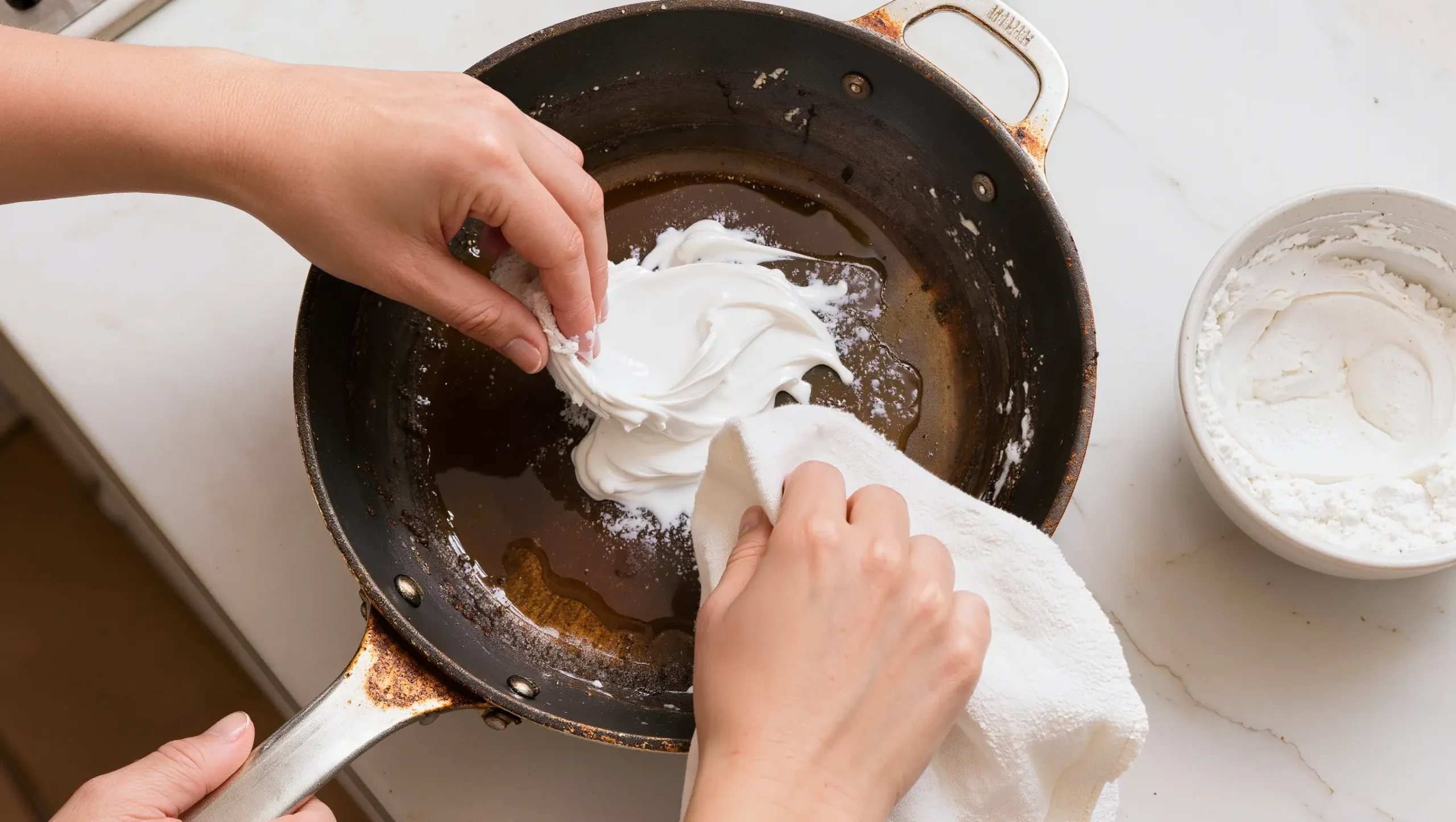Hands applying baking soda paste to stuck food residue inside a nonstick pan with a soft cloth, ceramic bowl of paste beside it
