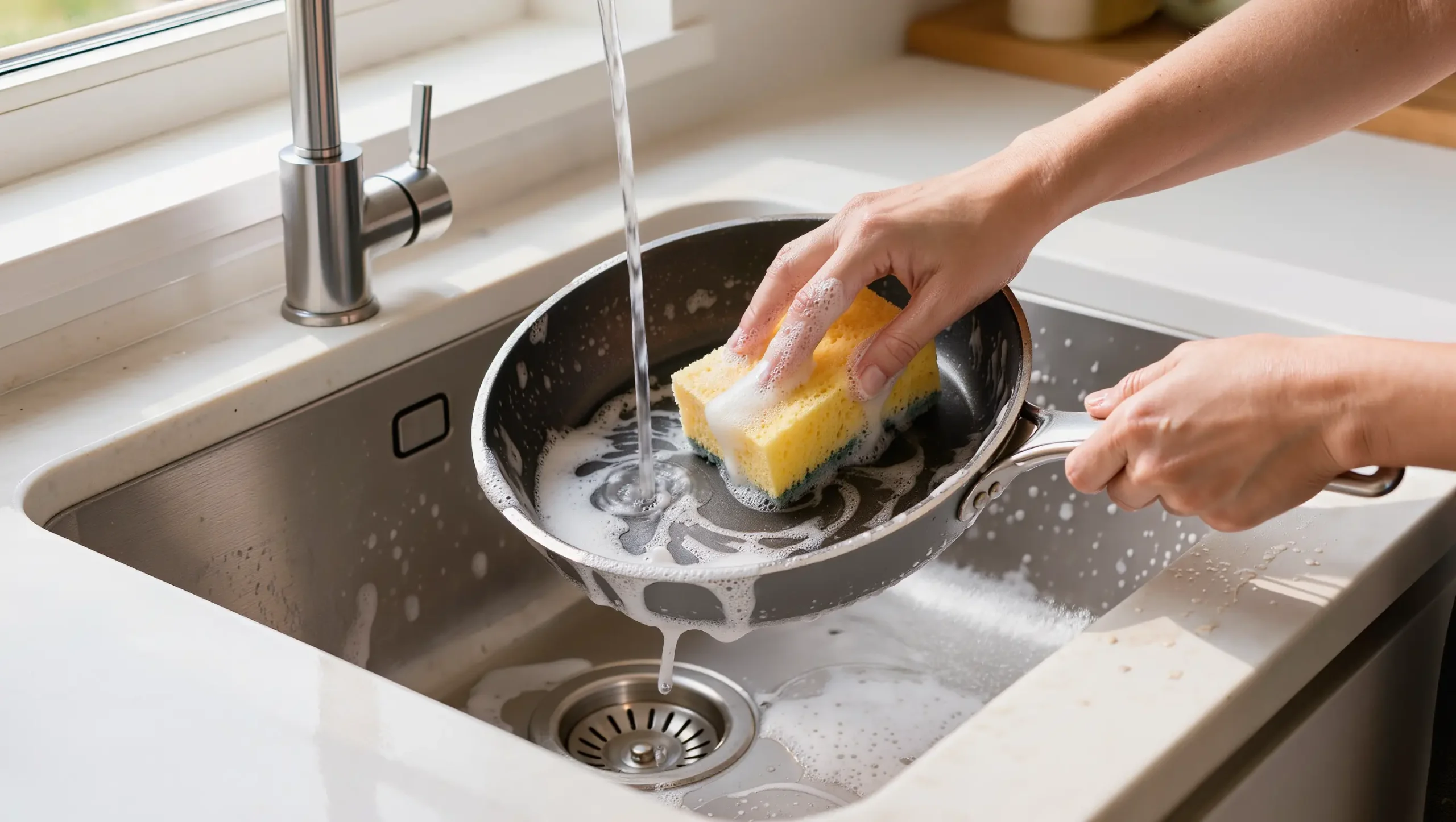 Hands hand-washing hard anodized skillet with soft sponge and warm soapy water, no abrasive scrubbers, natural window light