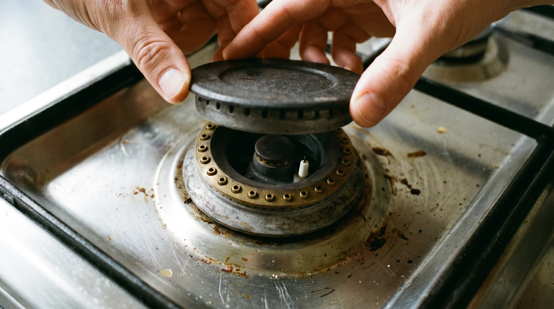 Hands lifting burner cap straight up from gas stove burner head, spark electrode tip visible beside burner head