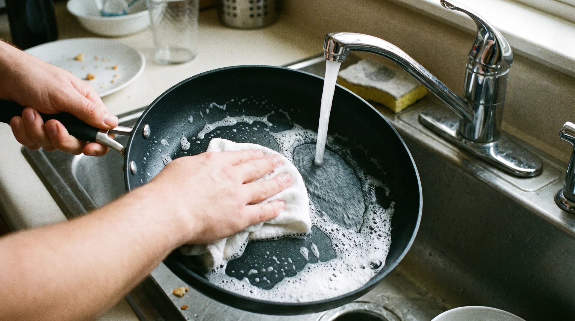 Hands washing a new nonstick skillet with a soft cloth under warm running water before first use